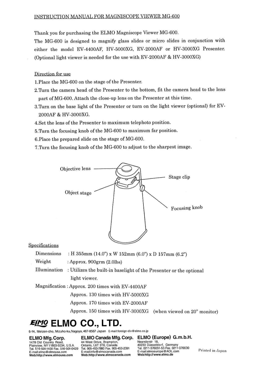 ELMO MG-600 User's Manual