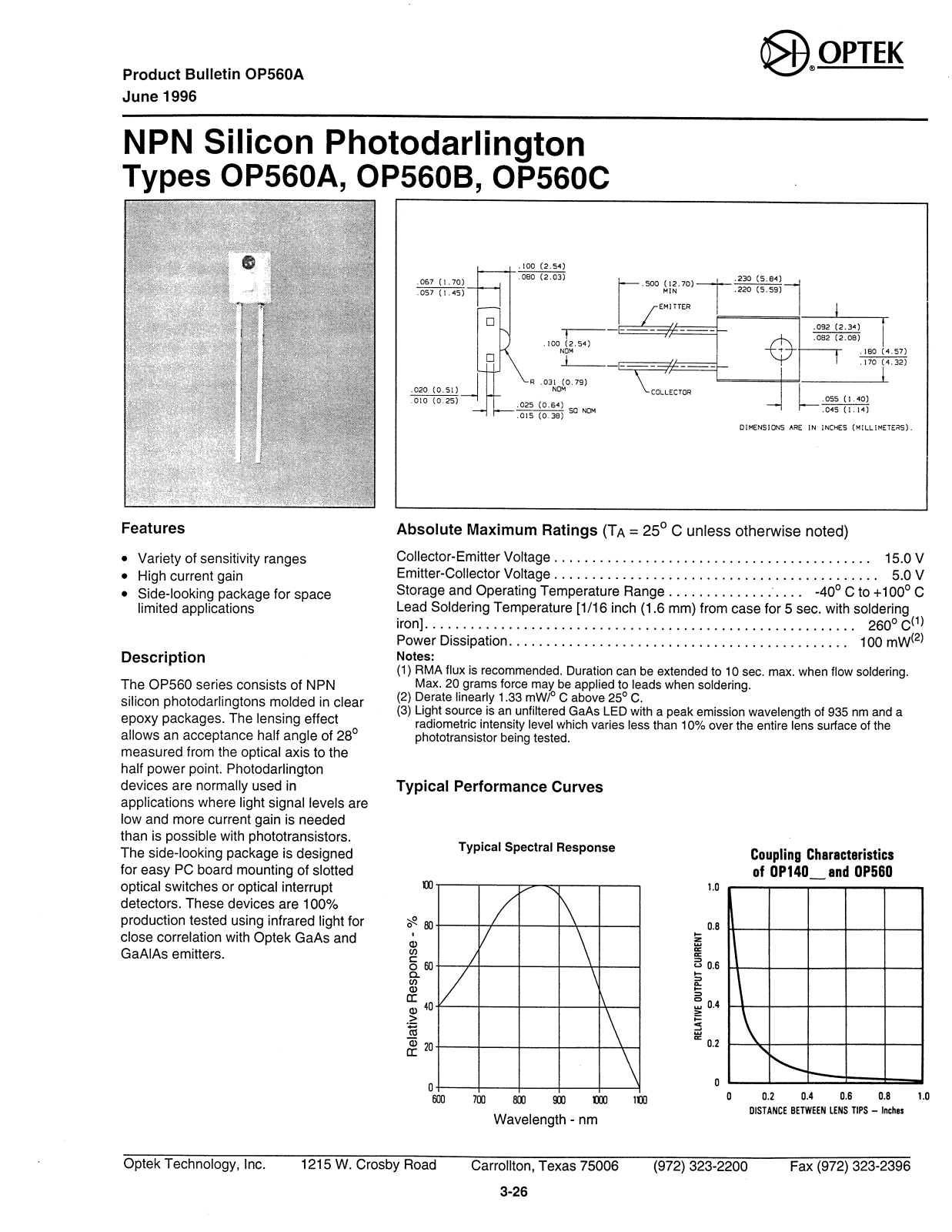 OPTEK OP560A, OP560B, OP560C Datasheet