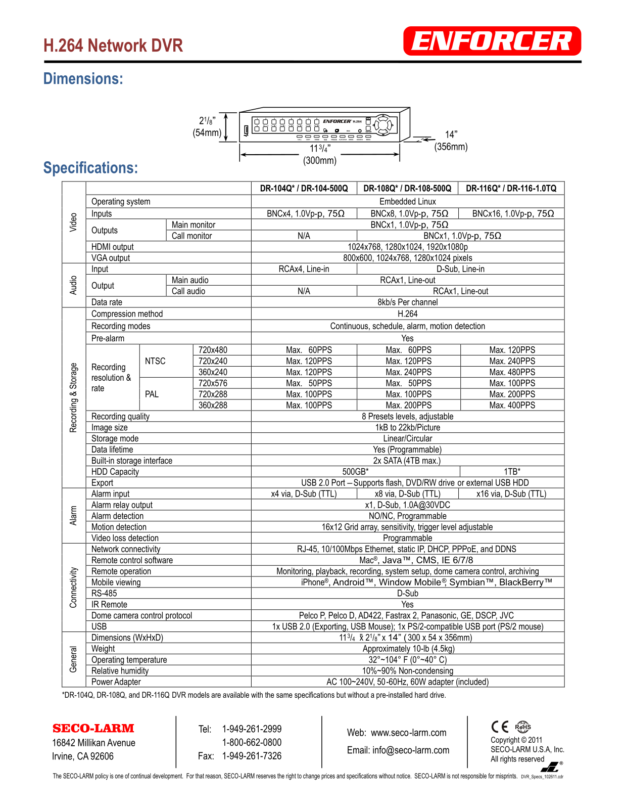 Seco-Larm DR-104-1.0TQ, DR-104-2.0TQ, DR-104-500Q, DR-104Q, DR-108-1.0TQ Specsheet