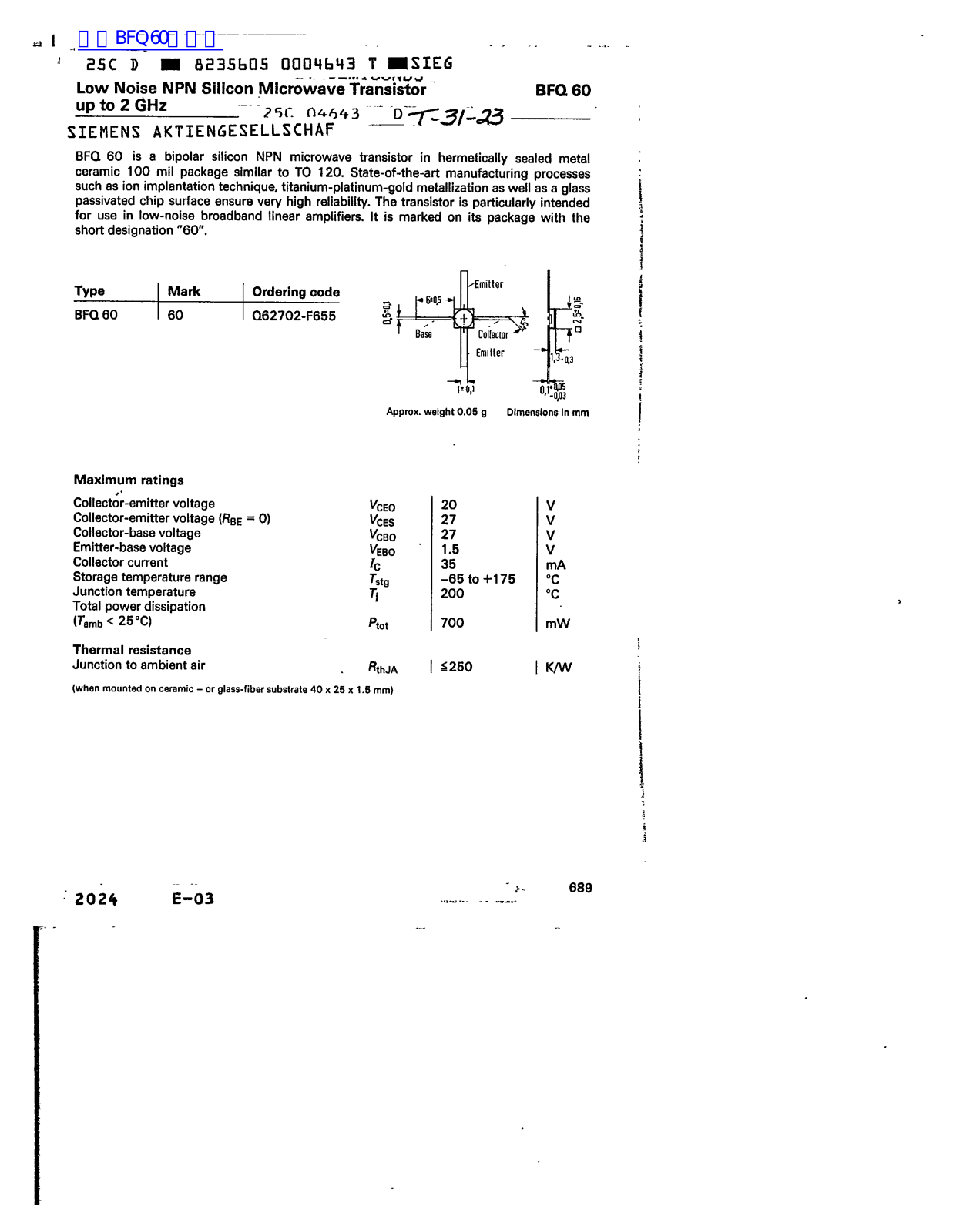 Siemens BFQ 60 Technical data