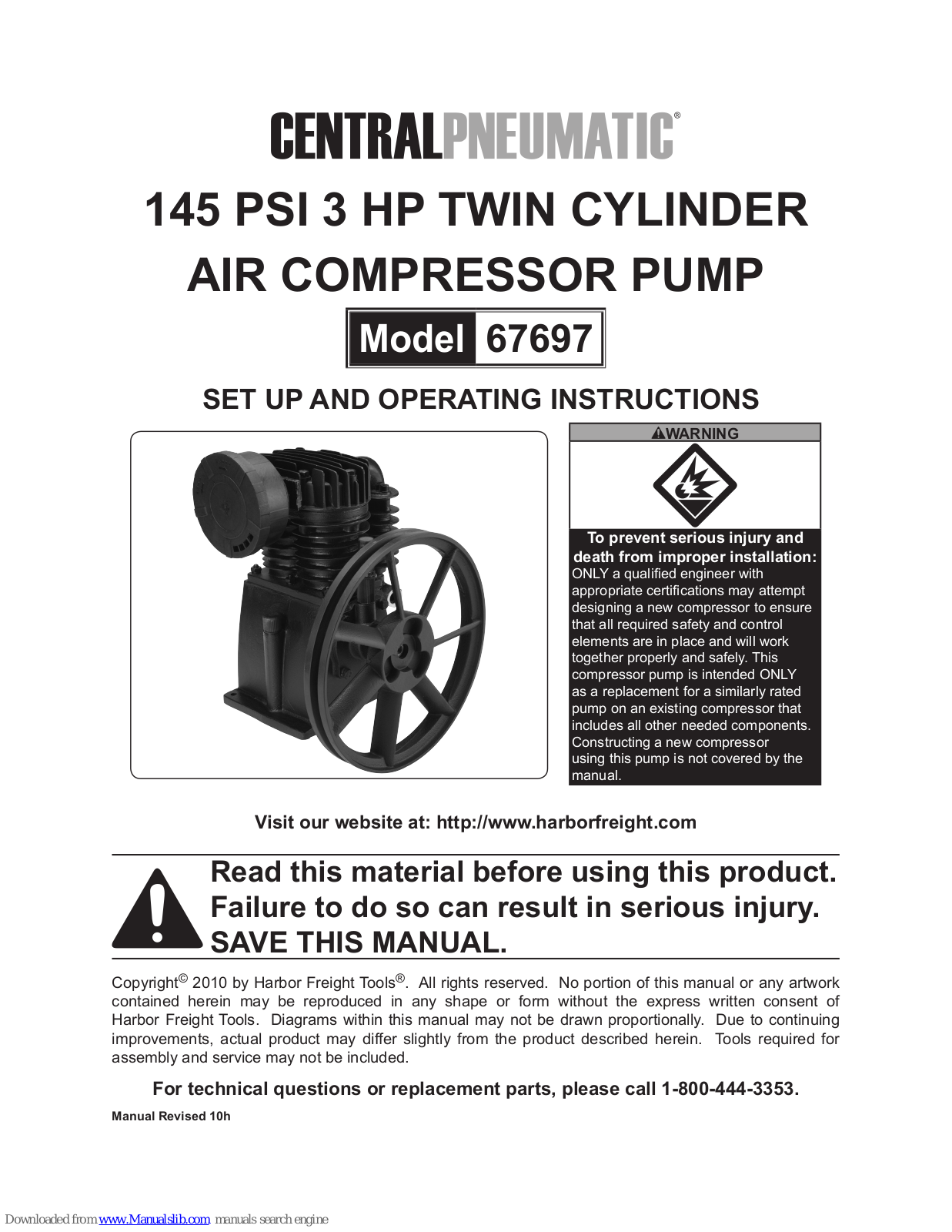 Central Pneumatic 67697 Set Up And Operating Instructions Manual