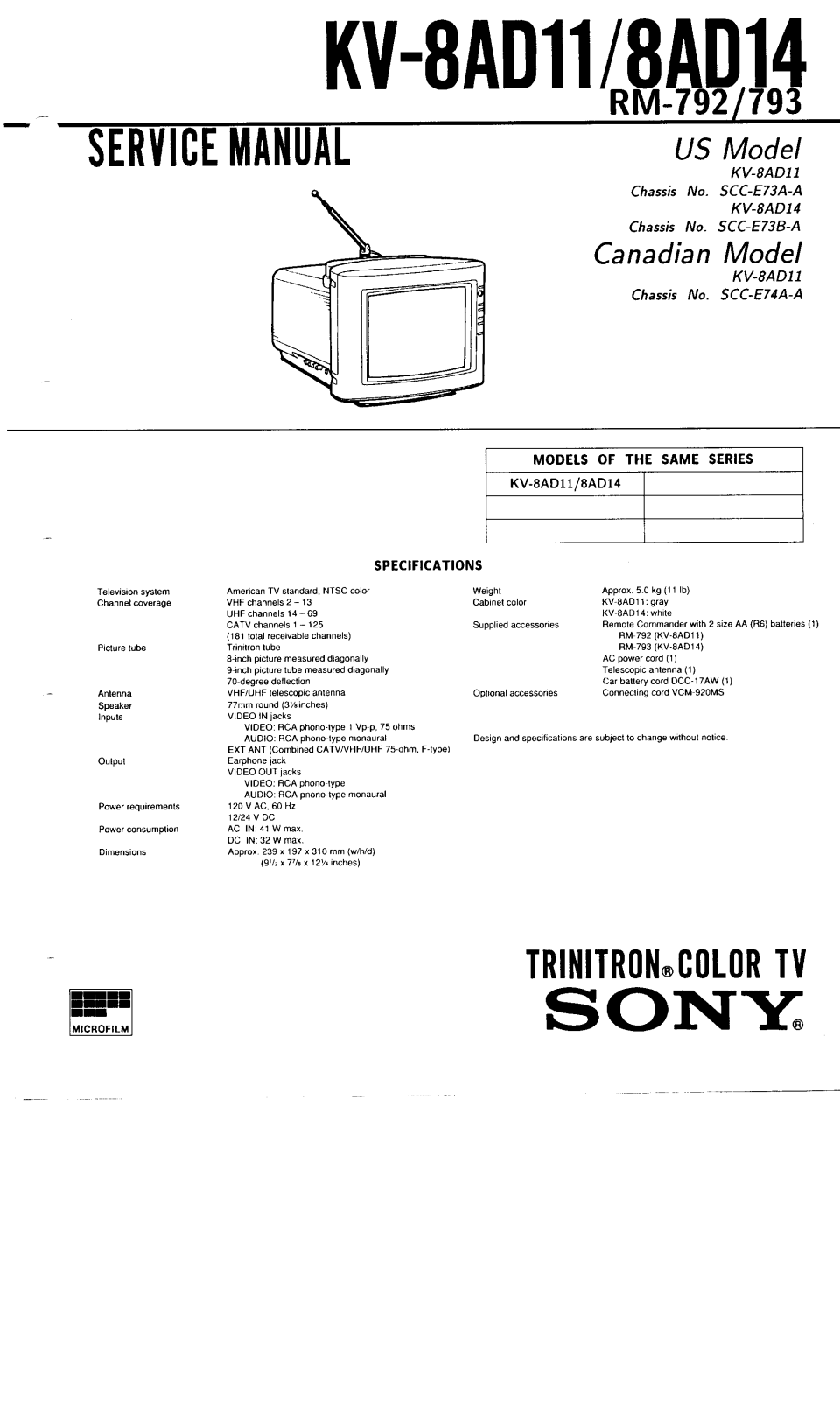 SONY kv-8ad11, kv-8ad14 Service Manual