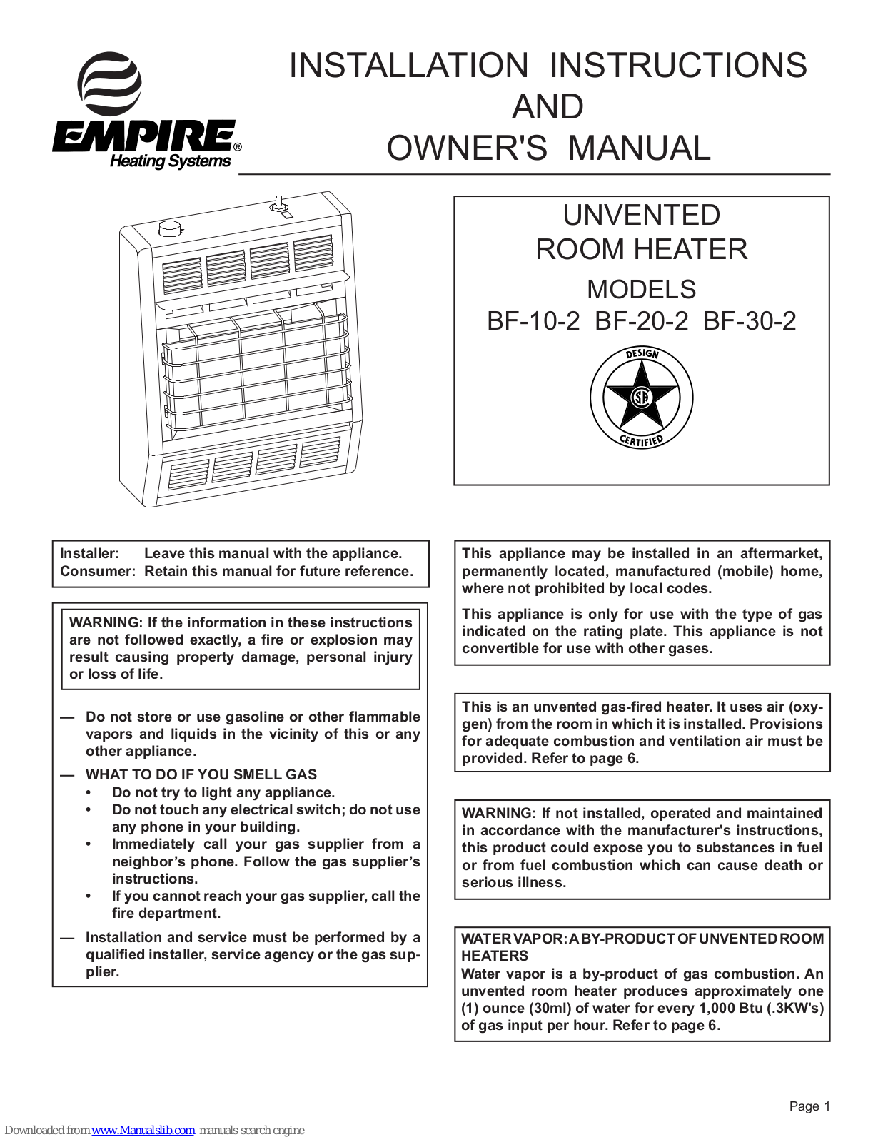 Empire Heating Systems BF-10-2, BF-20-2, BF-30-2 Installation Instructions And Owner's Manual