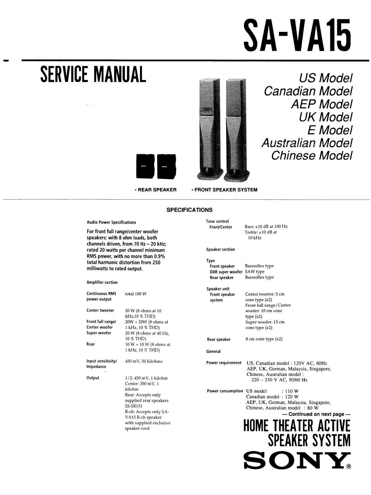 Sony SAVA-15 Service manual