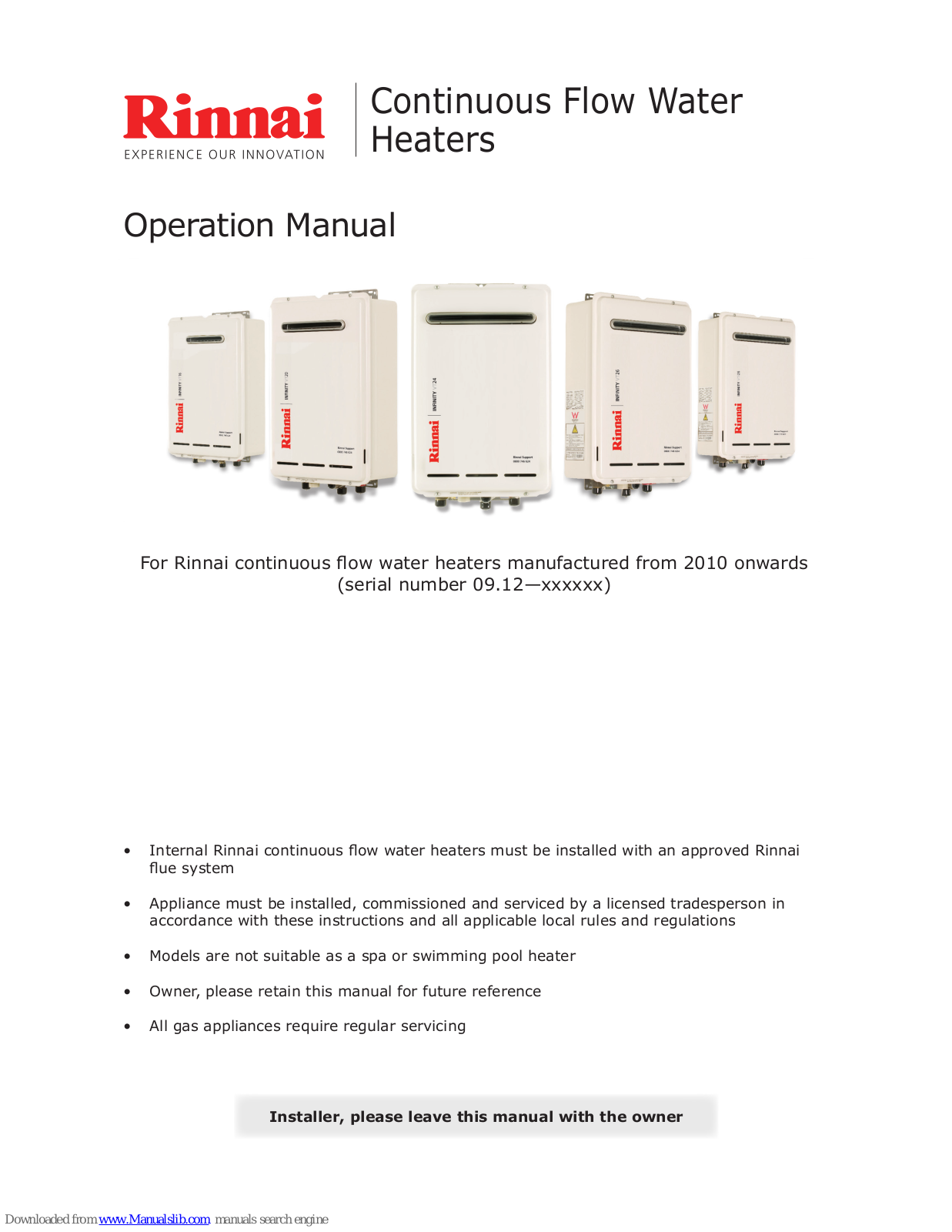 Rinnai Continuous Flow Water Heaters, 09.12 Series, Infinity VT16, Infinity VT20, Infinity VT24 Operation Manual