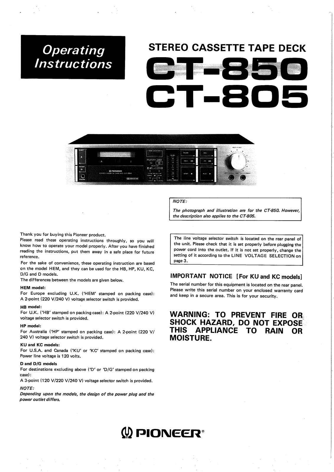 Pioneer CT-805, CT-850 Owners manual