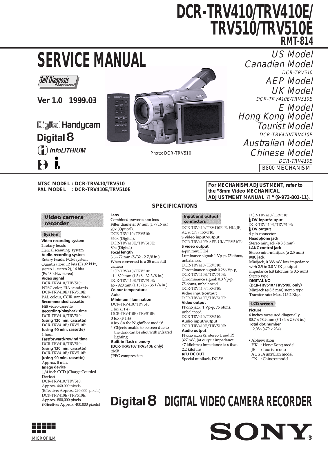 Sony RMT-814, DCR-TRV510E, DCR-TRV510, DCR-TRV410E, DCR-TRV410 Service Manual