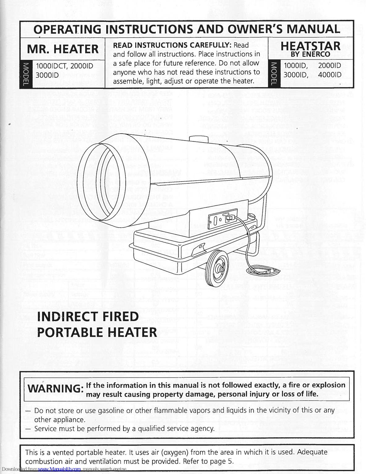 Enerco Mr.Heater 1000IDCT, Mr.Heater 2000ID, Heatstar 3000ID, Heatstar 4000ID, Heatstar 1000UD Operating Instructions And Service Manual