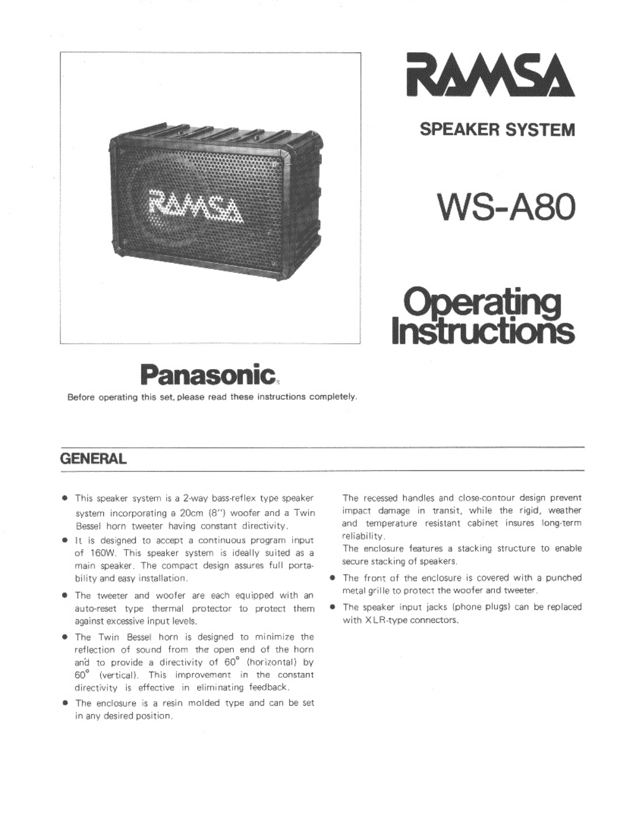 Panasonic ws-a80 Operation Manual