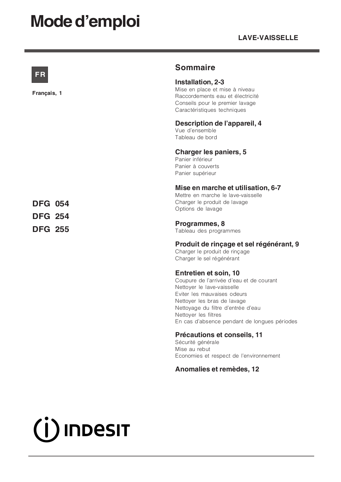 INDESIT DFG254, DFG255FR, DFG254SFR, DFG254BFR, DFG054 User Manual