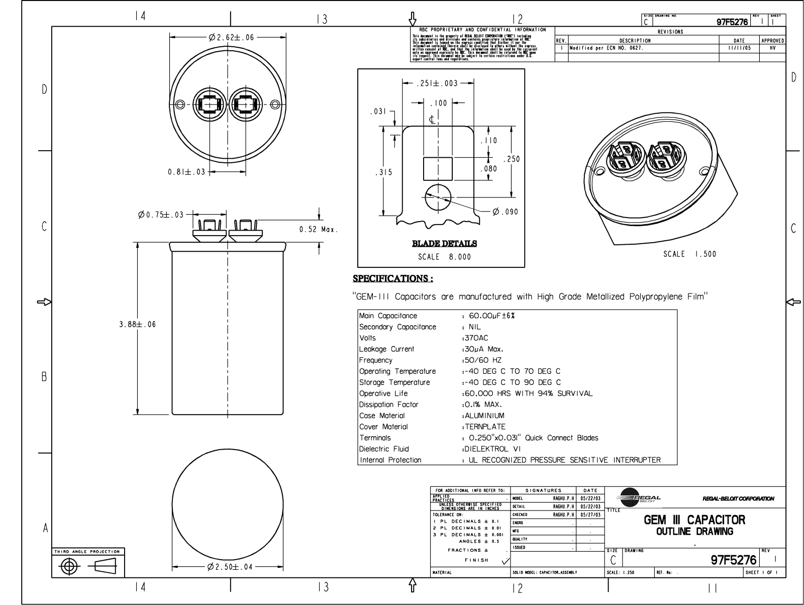 GE Capacitor 97F5276 Dimensional Sheet