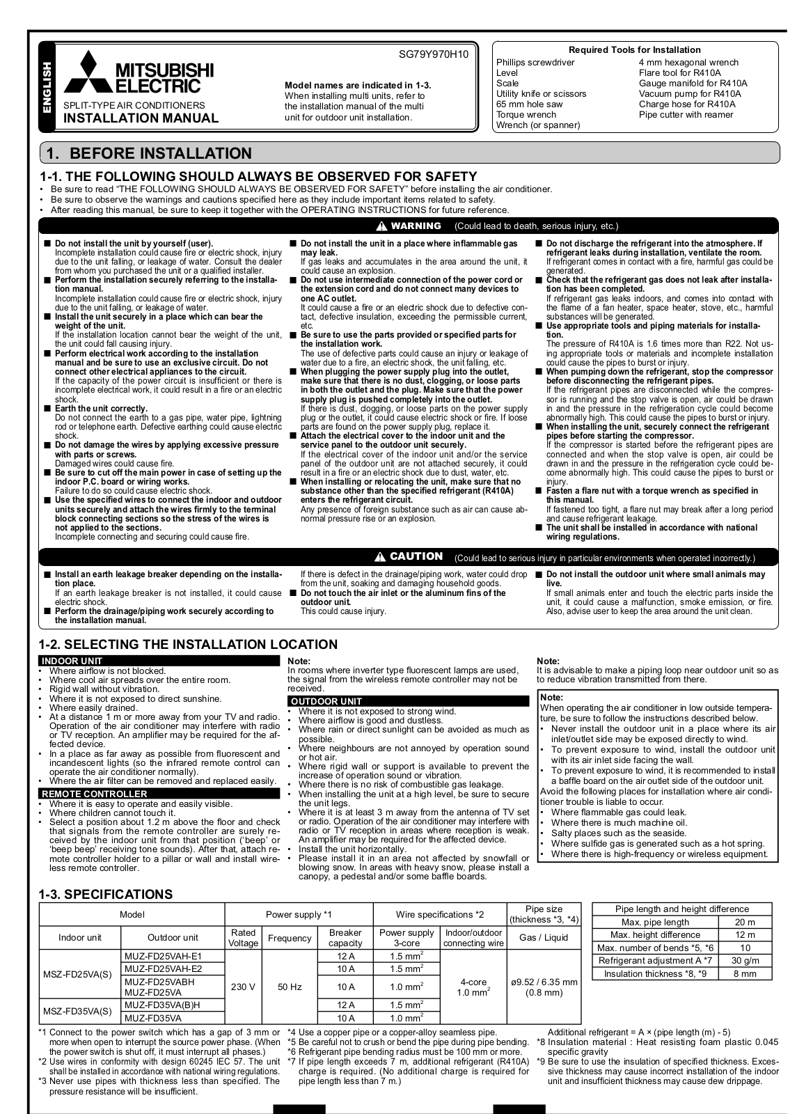 Mitsubishi MSZ-FD25VA(S), MUZ-FD25VABH, MSZ-FD35VA(S), MUZ-FD35VABH Installation Manual