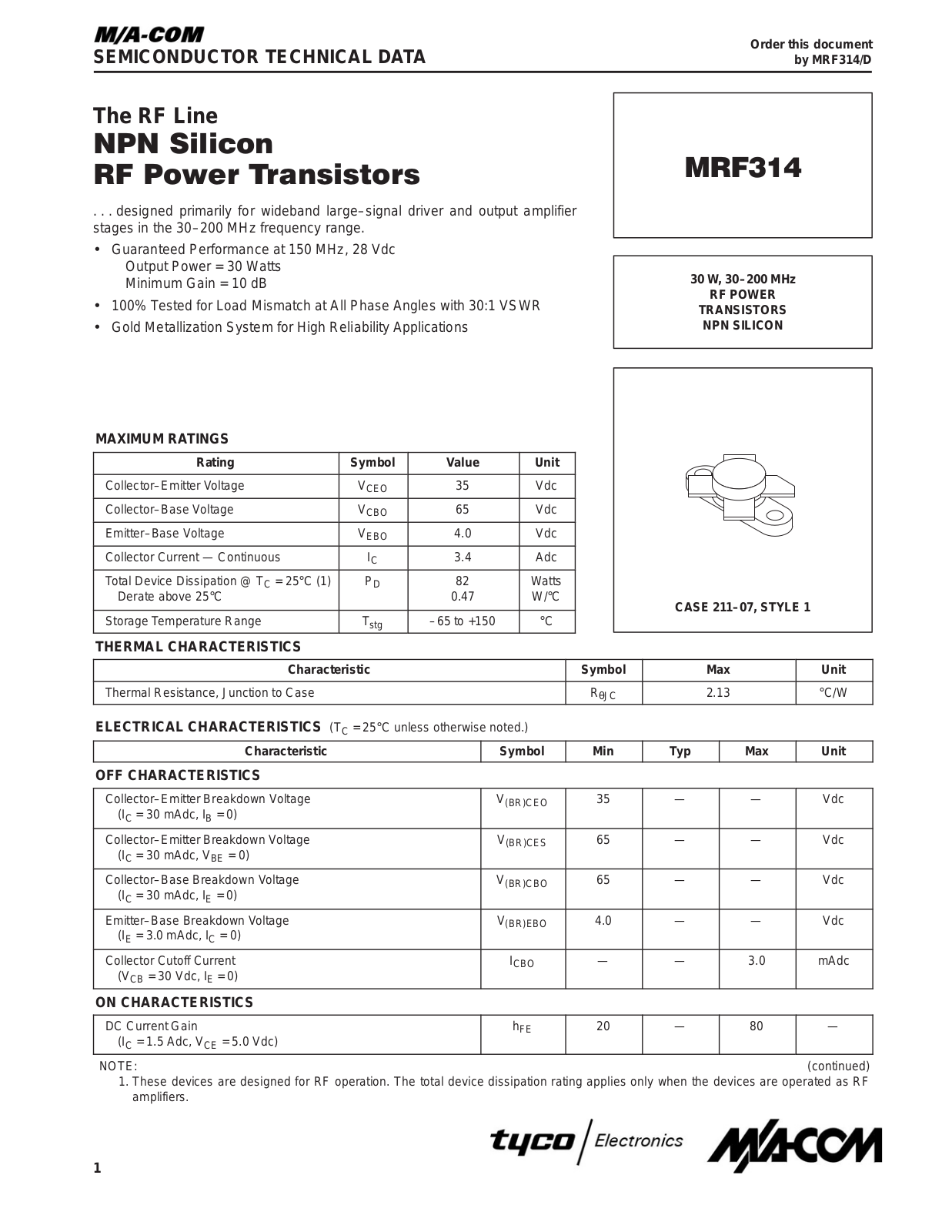 M A COM MRF314 Datasheet