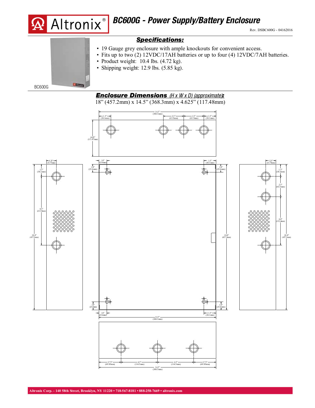 Altronix BC600G Specsheet