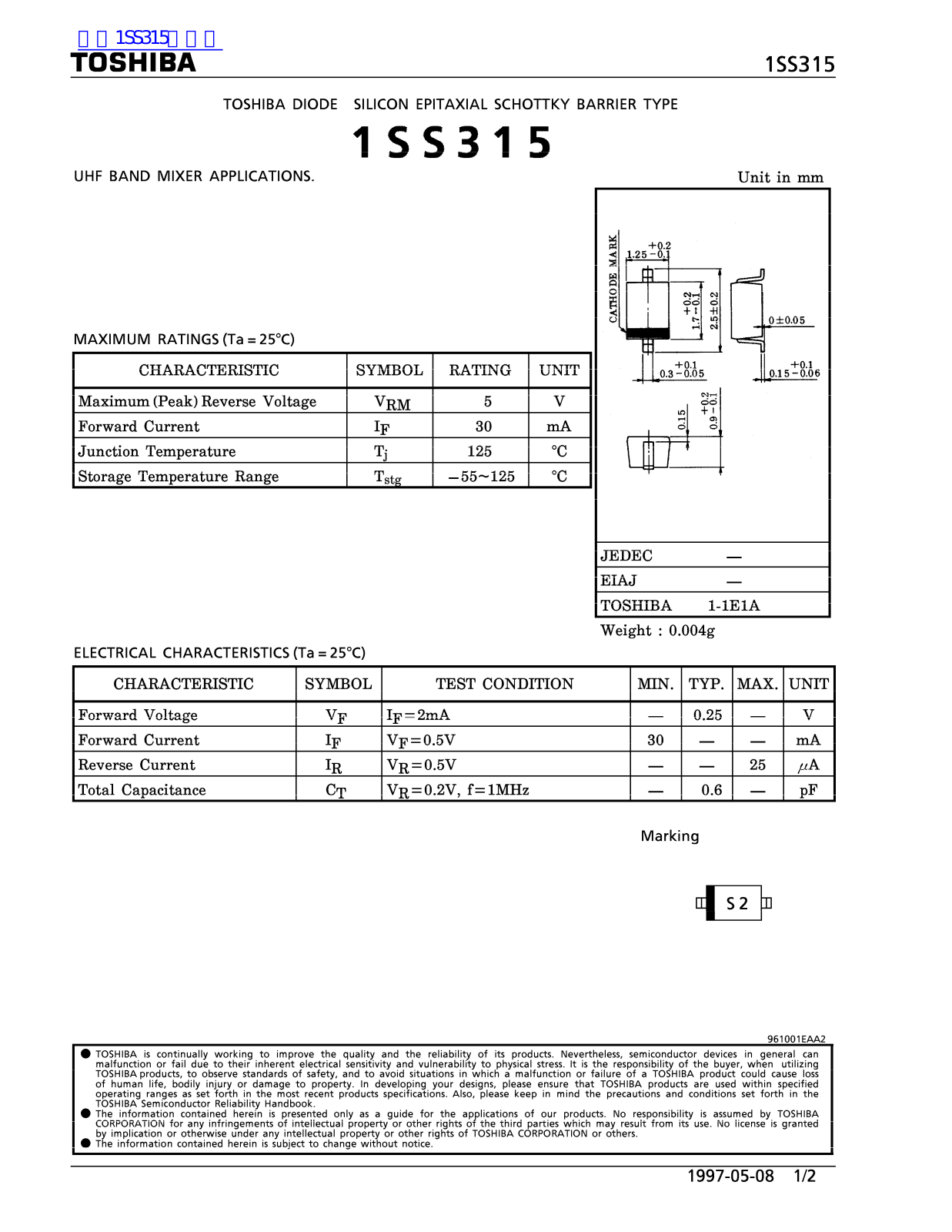 TOSHIBA 1SS315 Technical data