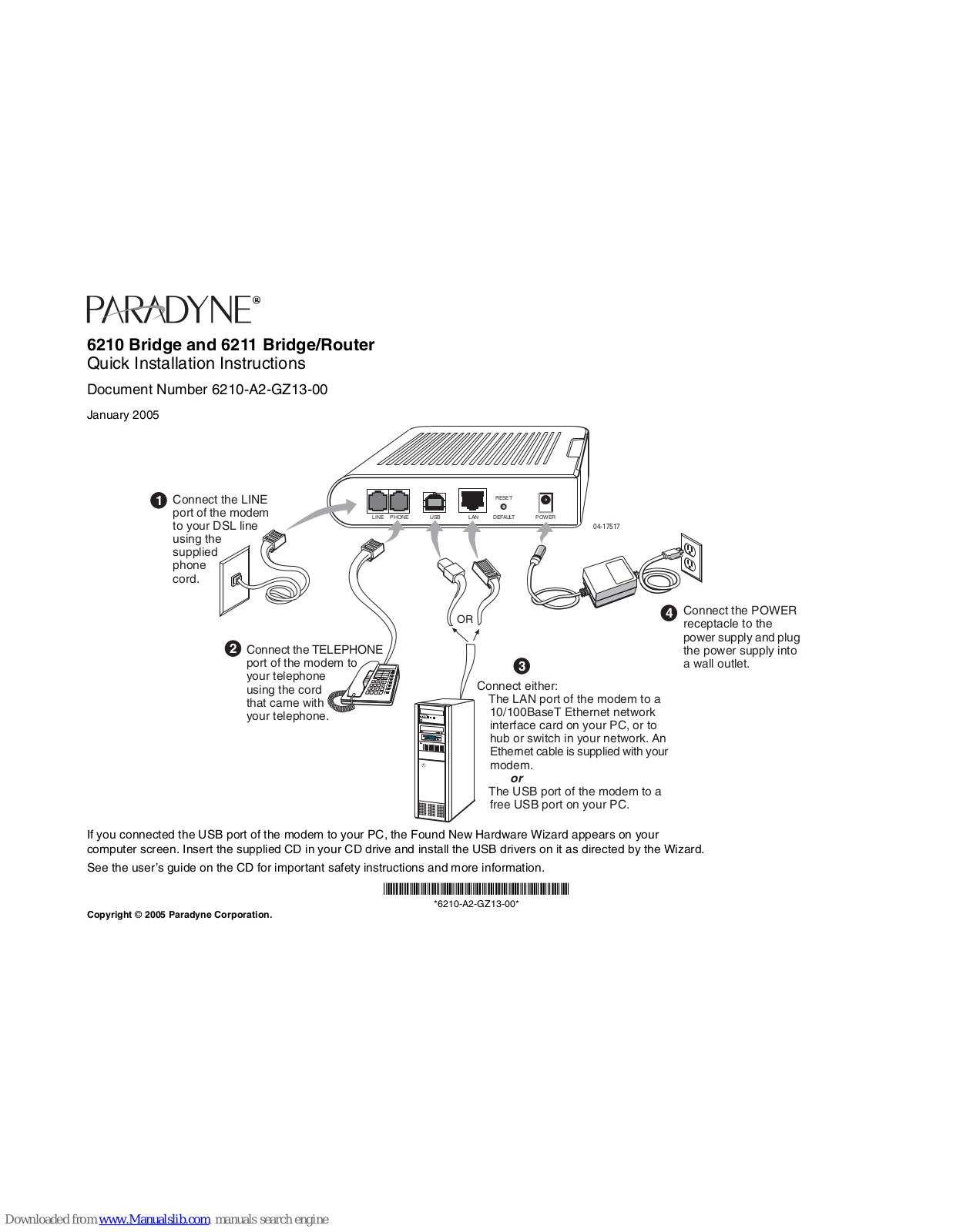 Paradyne 6210, 6211 Quick Installation Instructions