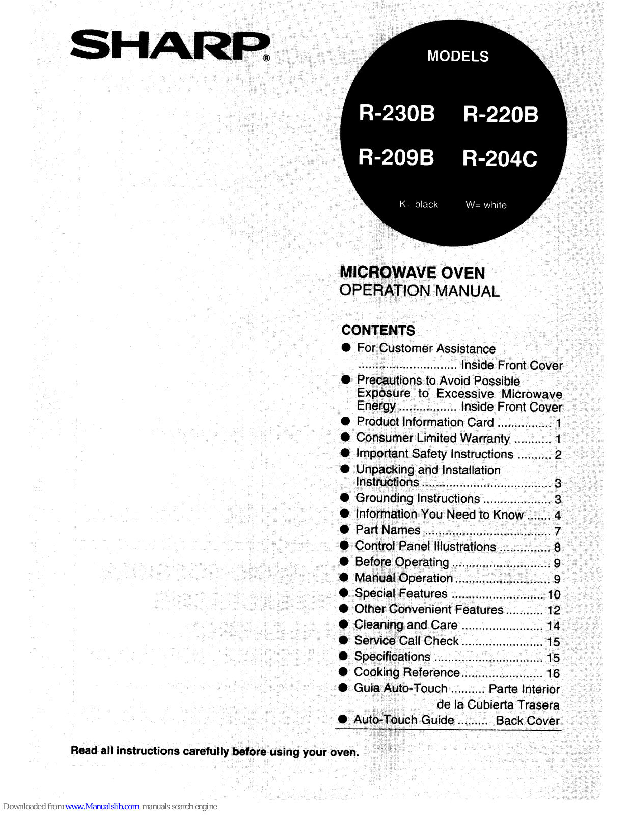 Sharp R-209B, R-220B, R-204C, R-230B Operation Manual - ManualMachine.com