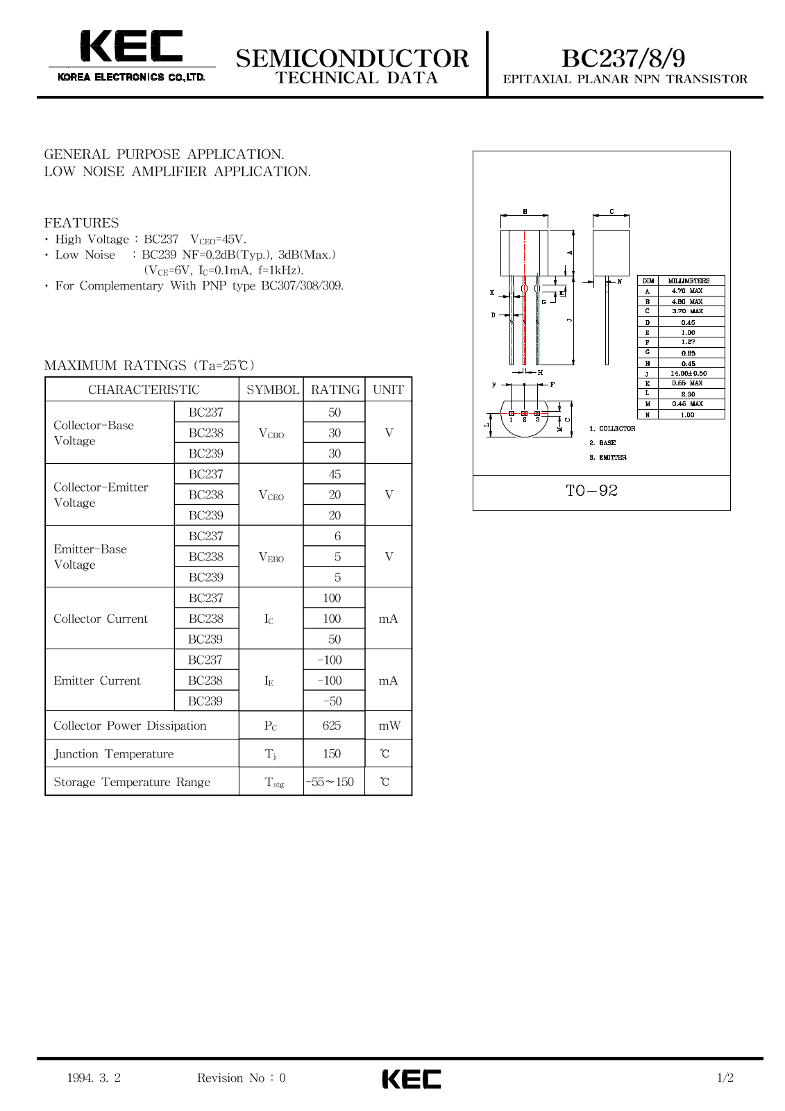 Korea Electronics Co  Ltd BC239, BC238, BC237 Datasheet