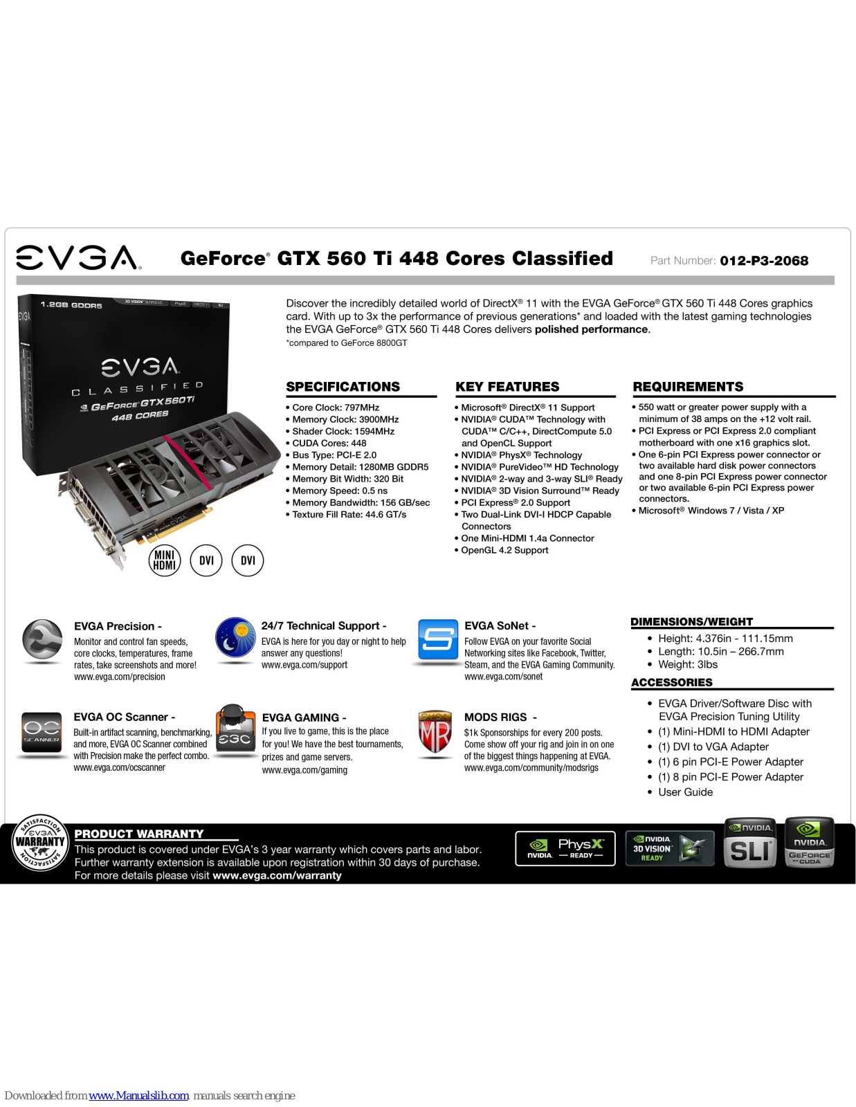 EVGA GeForce GTX 560 Ti 448 Cores Classified, 012-P3-2068 Specification - ManualMachine.com
