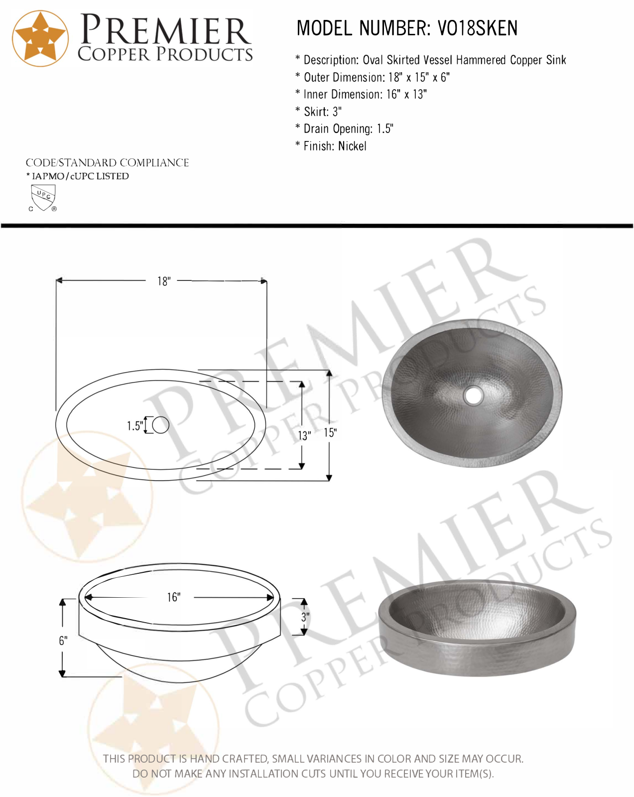 Premier Copper Products IER1748 Specifications - ManualMachine.com