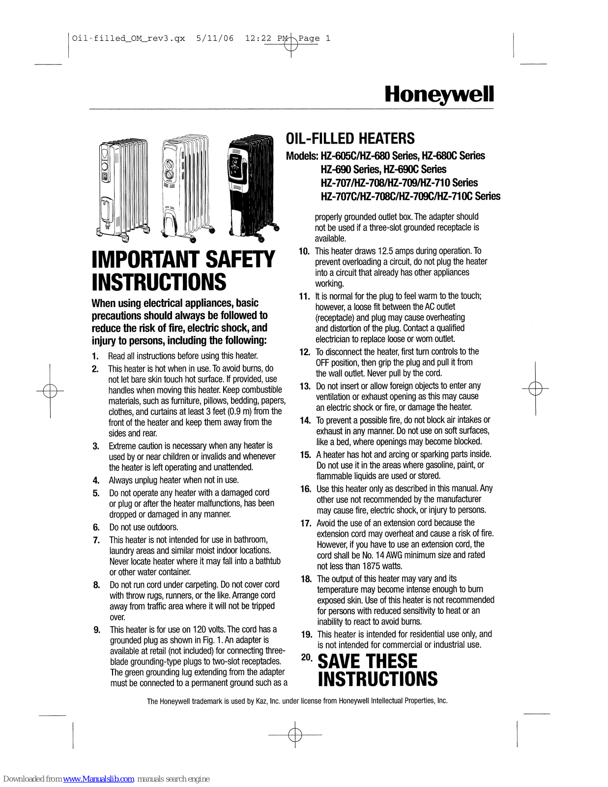Honeywell hz-680, hz-708, hz-690c, hz-707, hz-709 Important Safety Information - ManualMachine.com