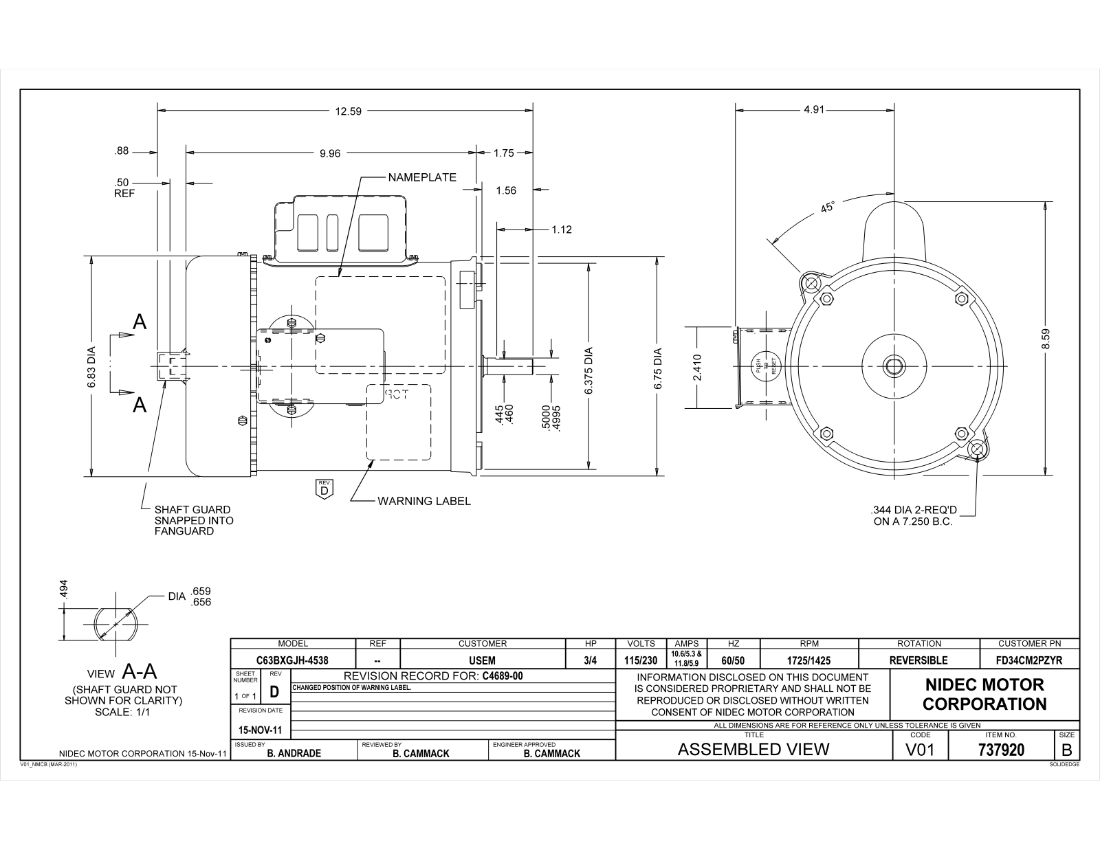 US Motors FD34CM2PZYR Dimensional Sheet