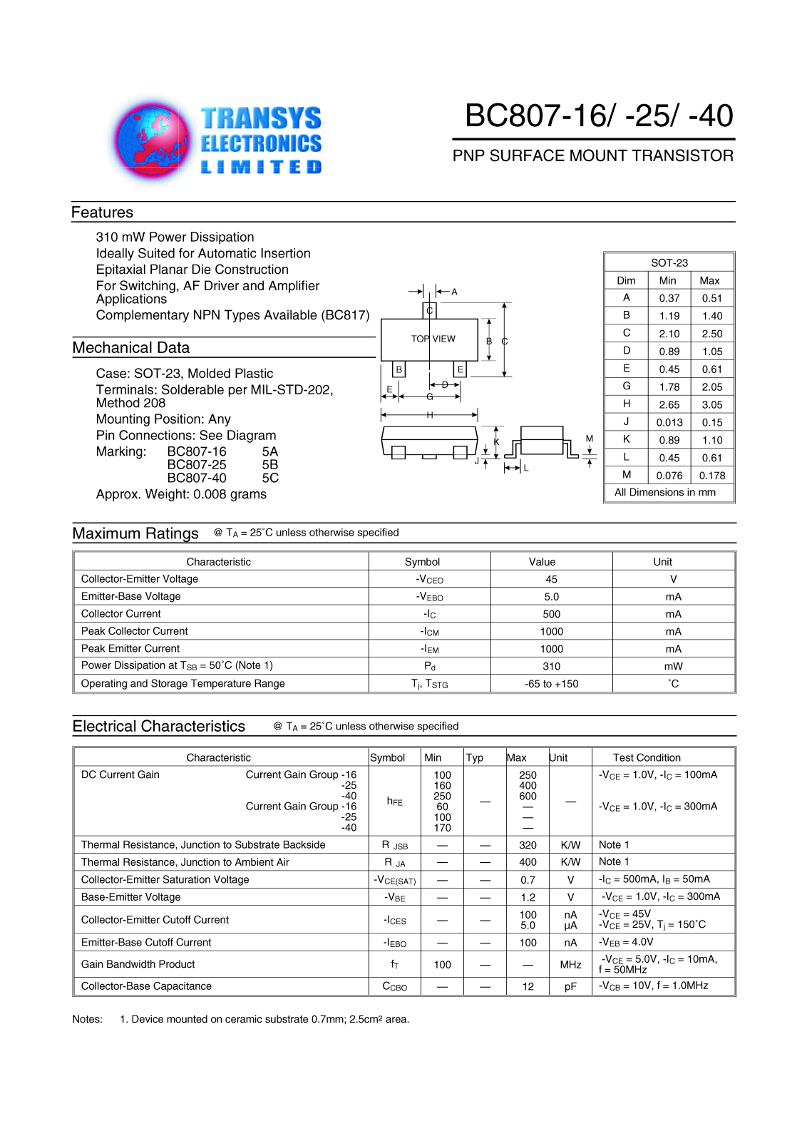 TEL BC807-40-5C, BC807-16-5A, BC807-25-5B Datasheet