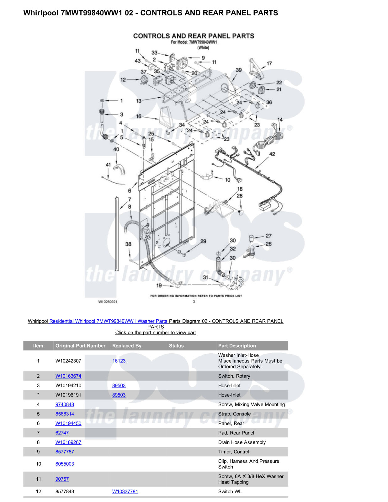 Whirlpool 7MWT99840WW1 Parts Diagram