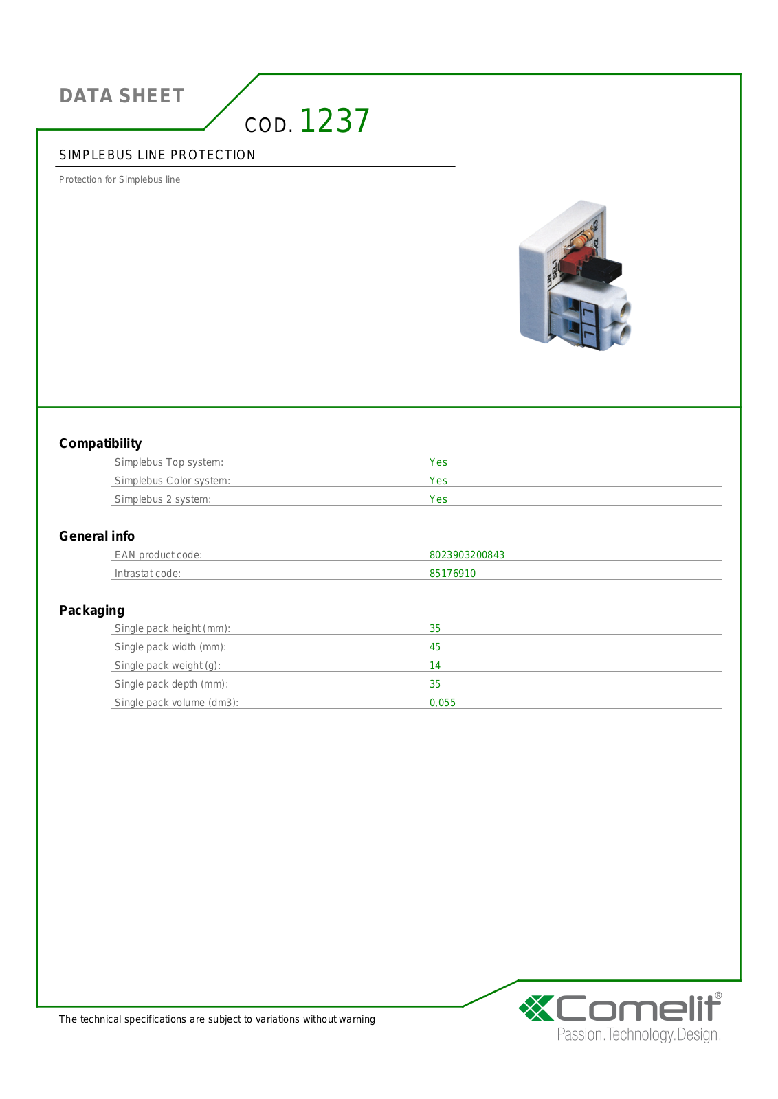 Comelit 1237 Specsheet