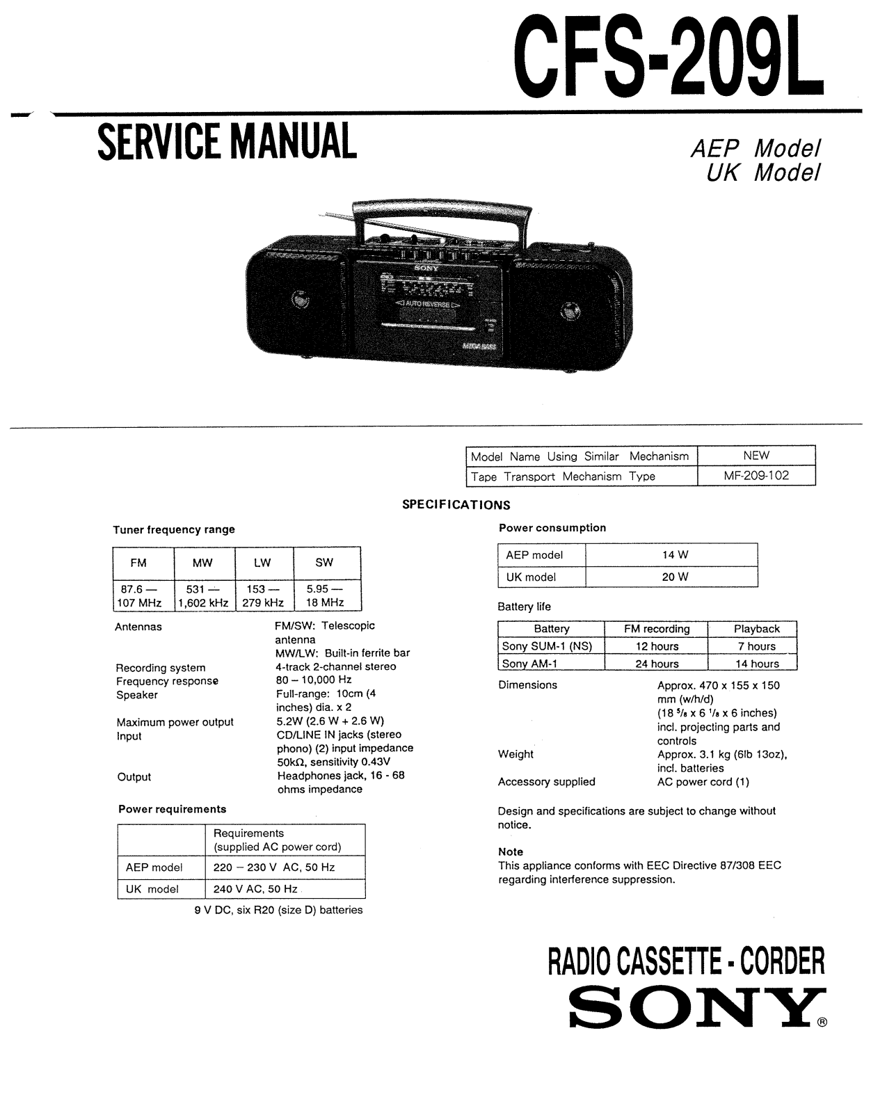 Sony CFS-209-L Service manual