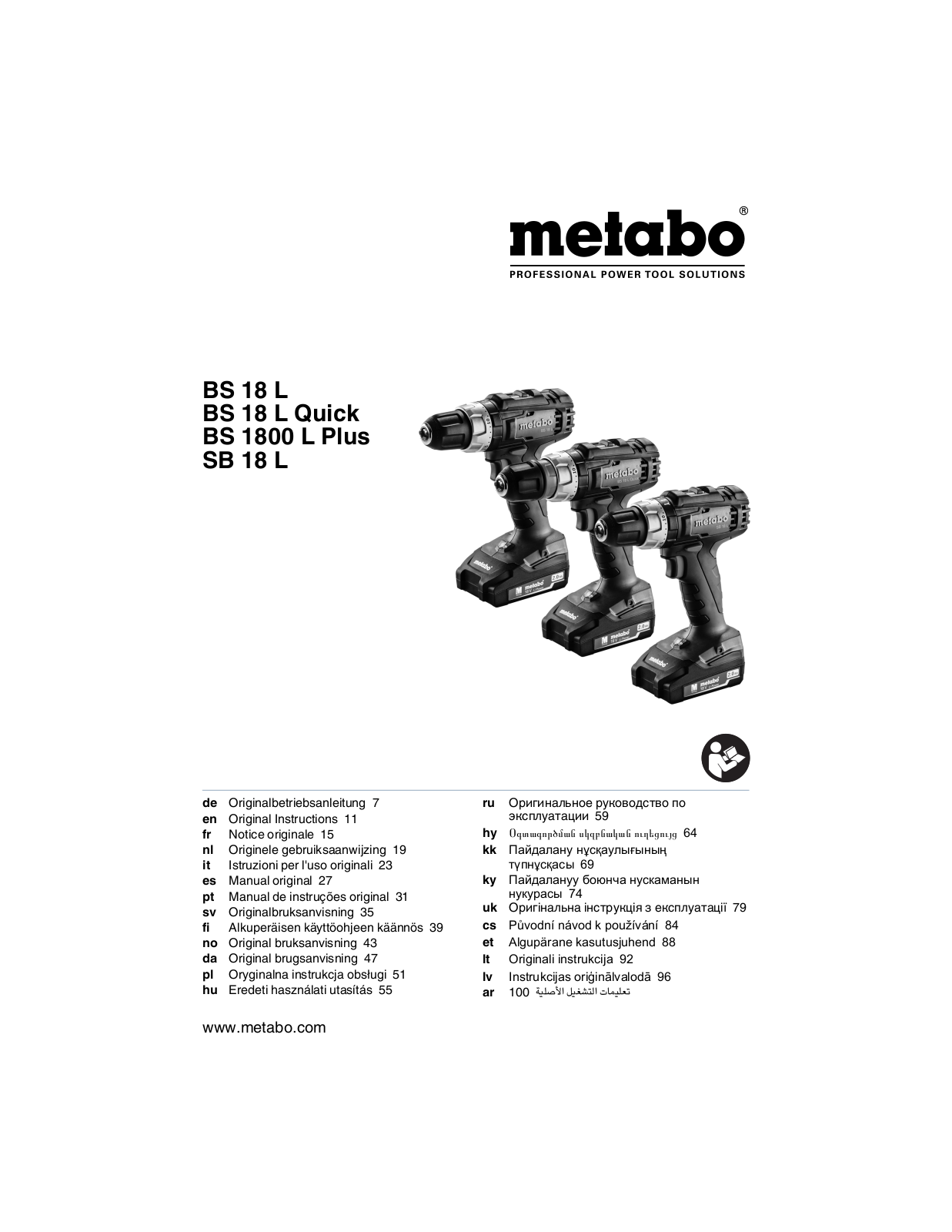 Metabo BS 18 L, BS 18 L Quick, BS 1800 L Plus, SB 18 L User guide