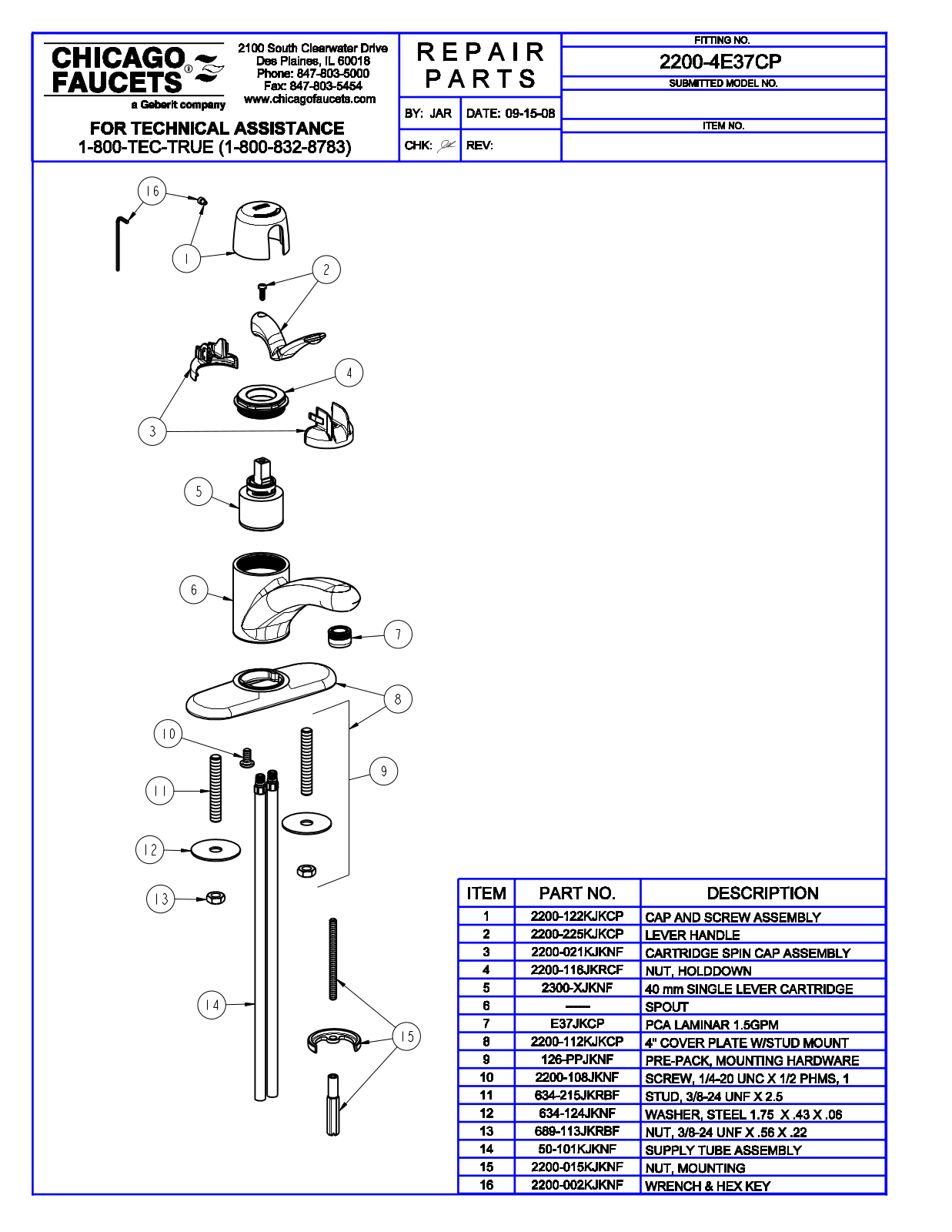 Chicago Faucet 2200-4E37 Parts List