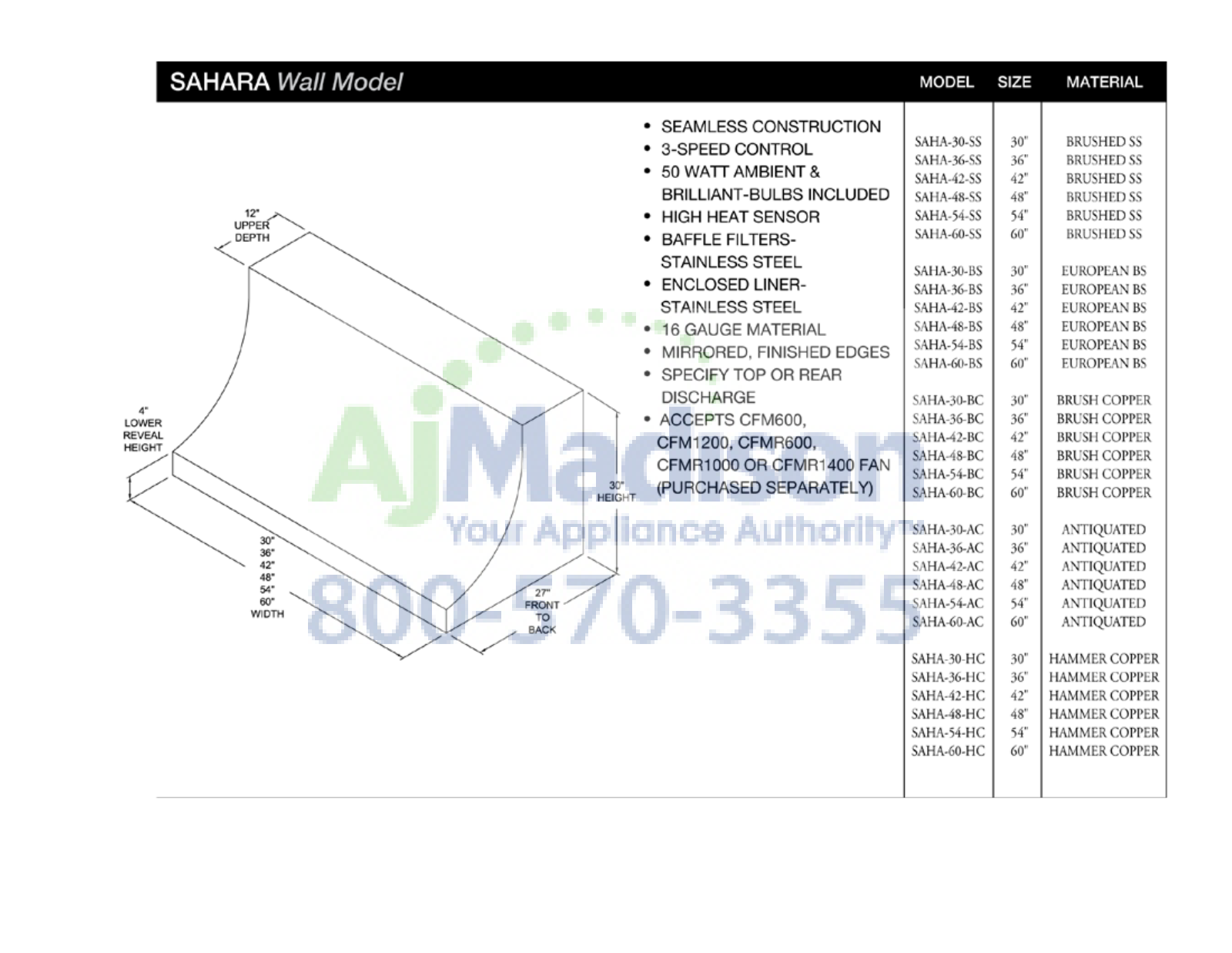 BlueStar SAHA60SS Specs