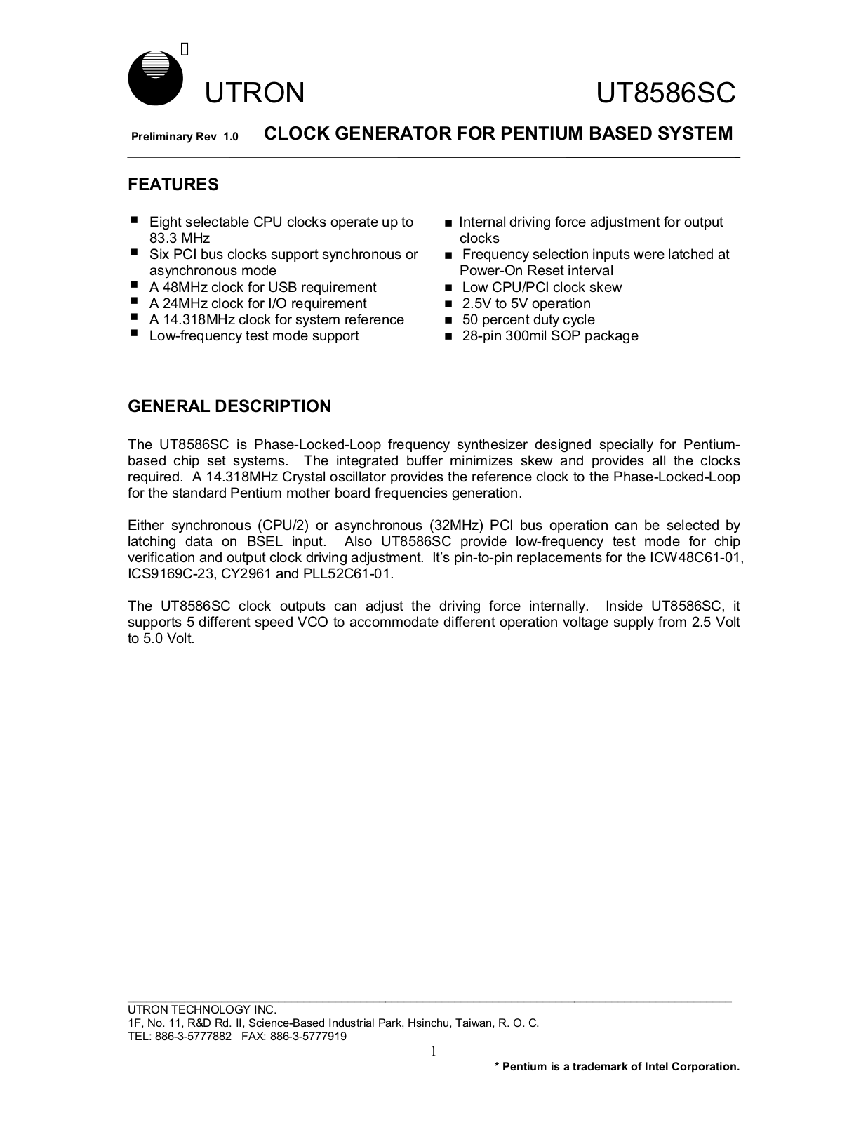 UTRON UT8586SC Datasheet