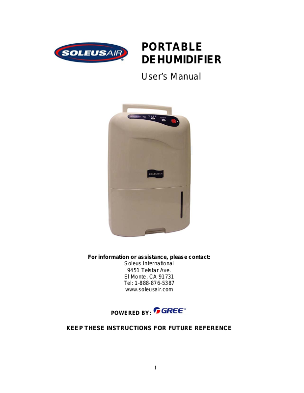 Soleus Air Portable Dehumidifier User Manual 0756