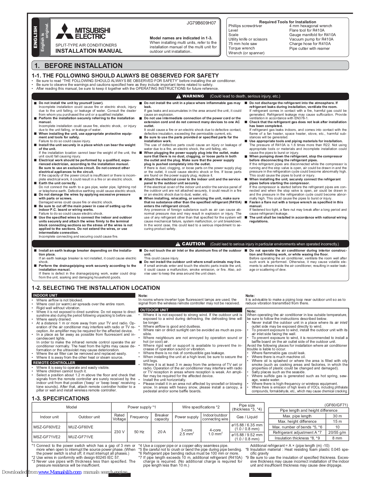 Mitsubishi Electric MSZ-GF60VE2, MSZ-GF60VE, MSZ-GF71VE2, MSZ-GF71VE Installation Manual