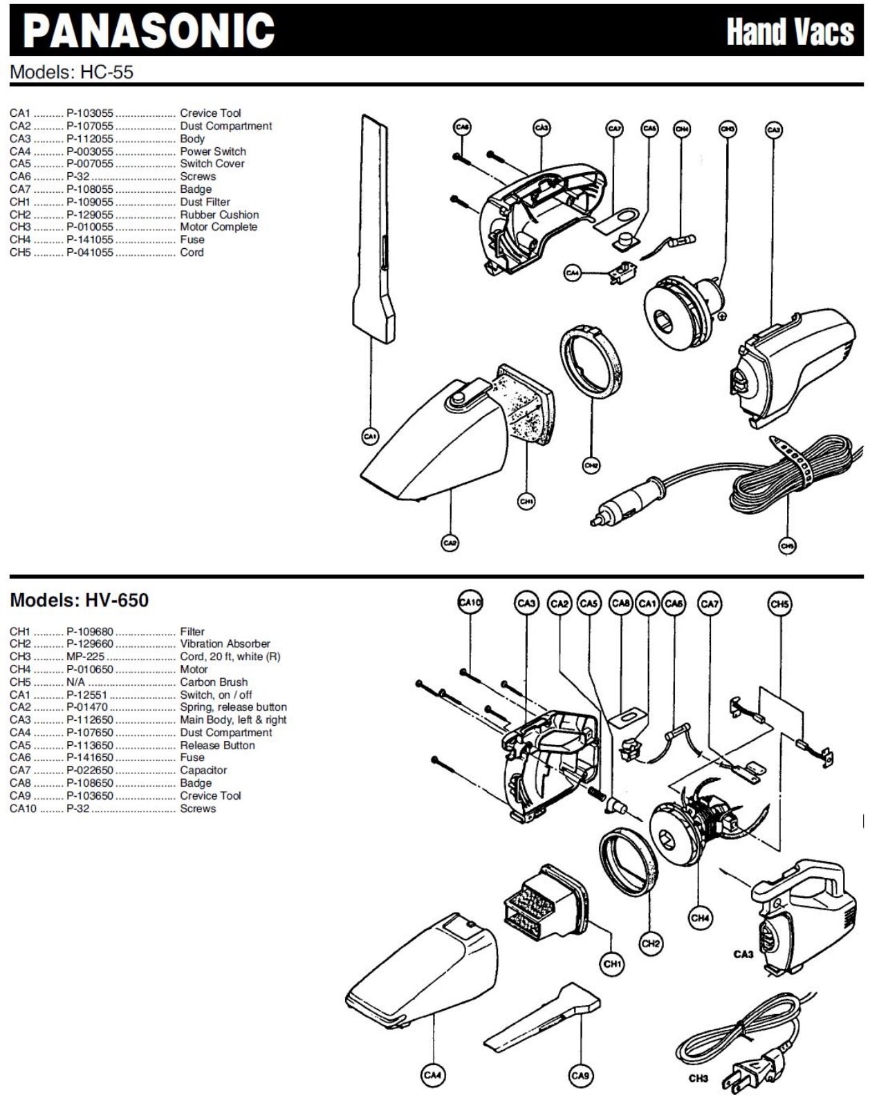 Panasonic Hc-650 Parts List