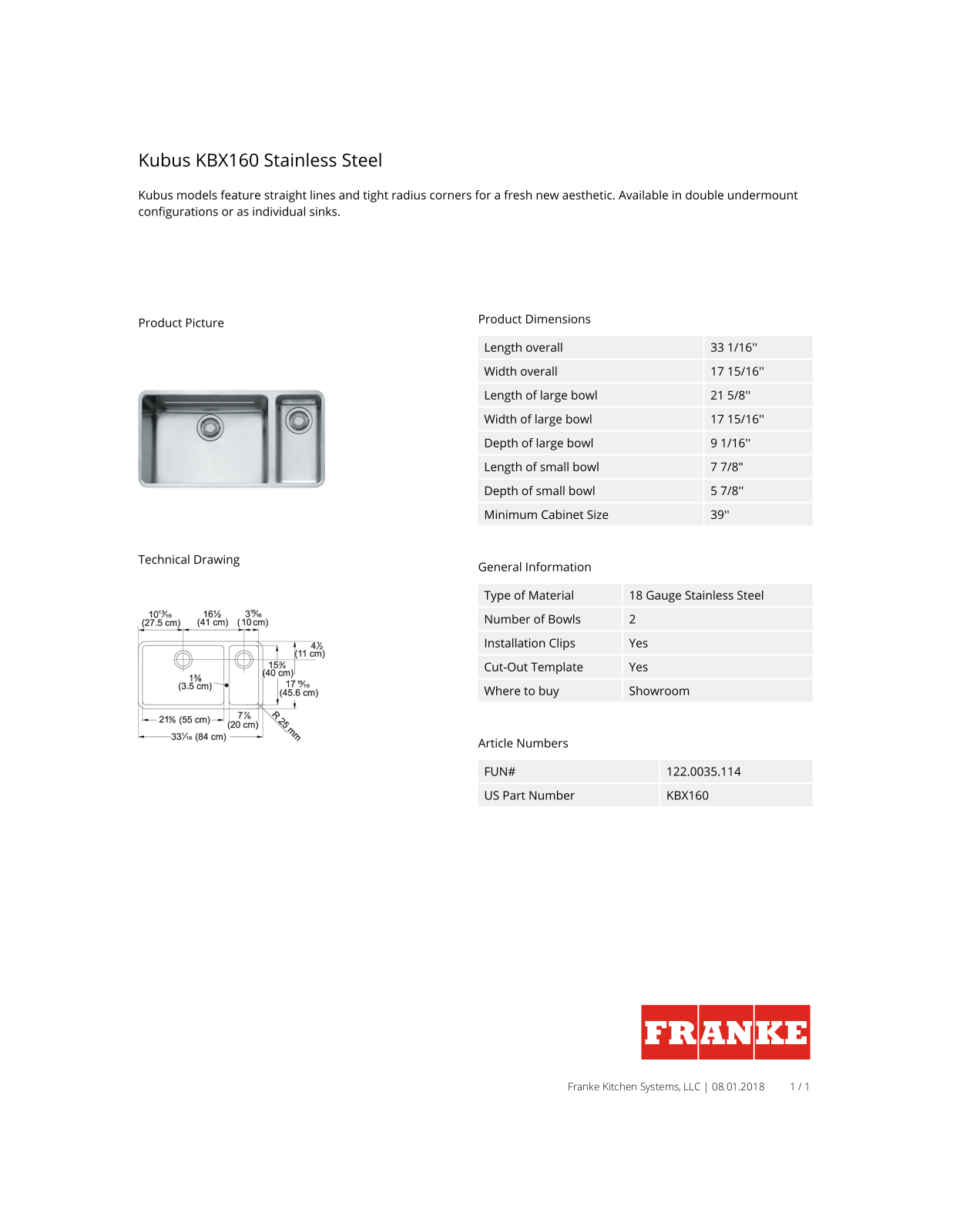 Franke KBX160 Specs