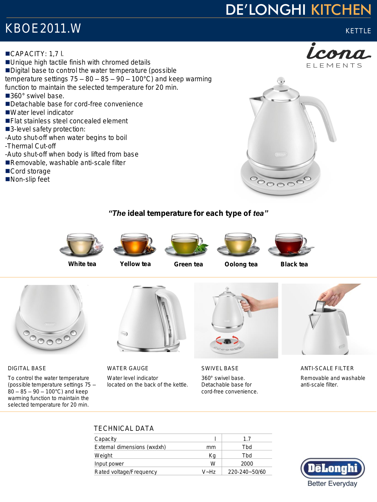 Delonghi KBOE2011W Specifications Sheet