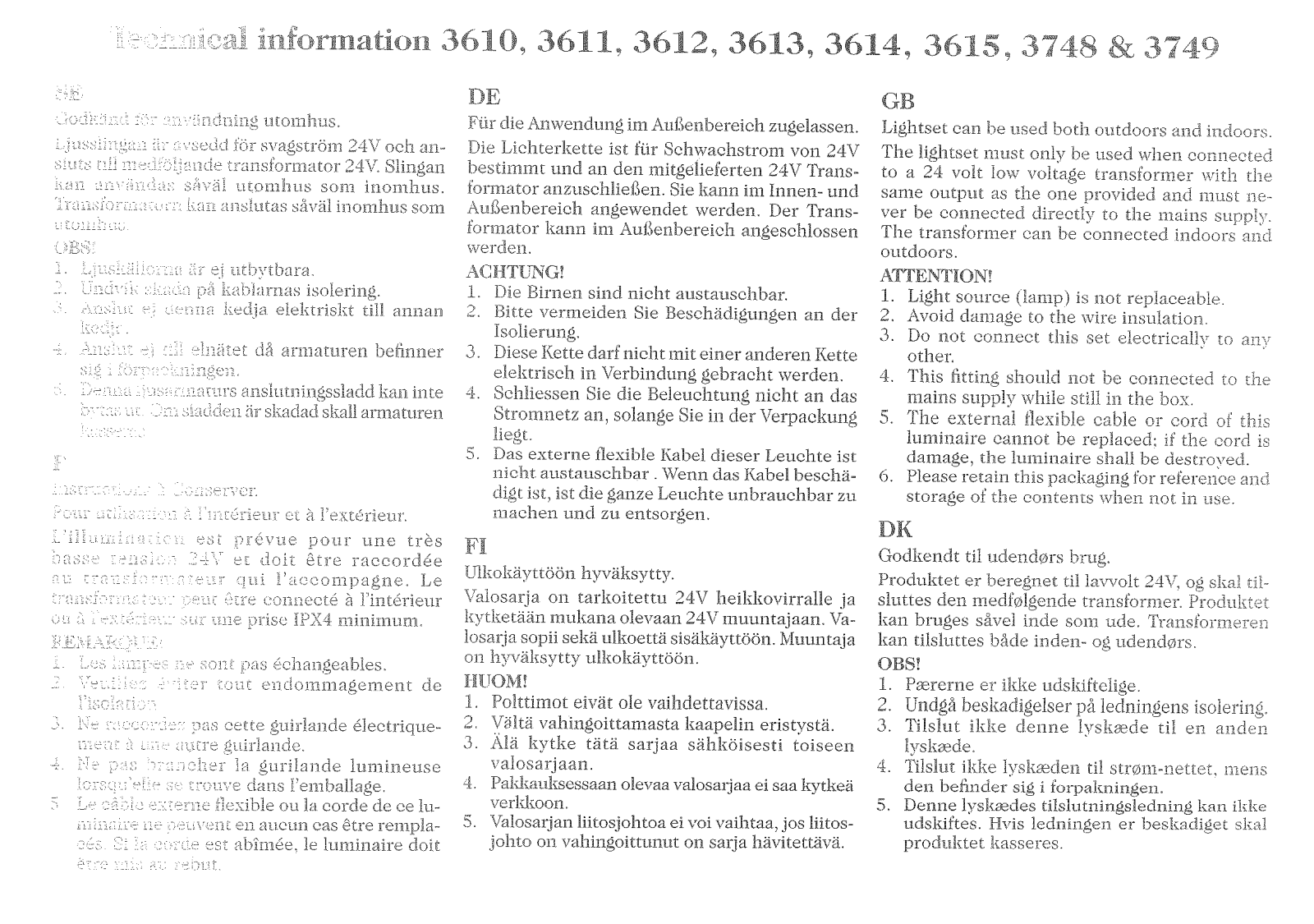 Konstsmide 3610, 3611, 3512, 3613, 3614 Technical Information