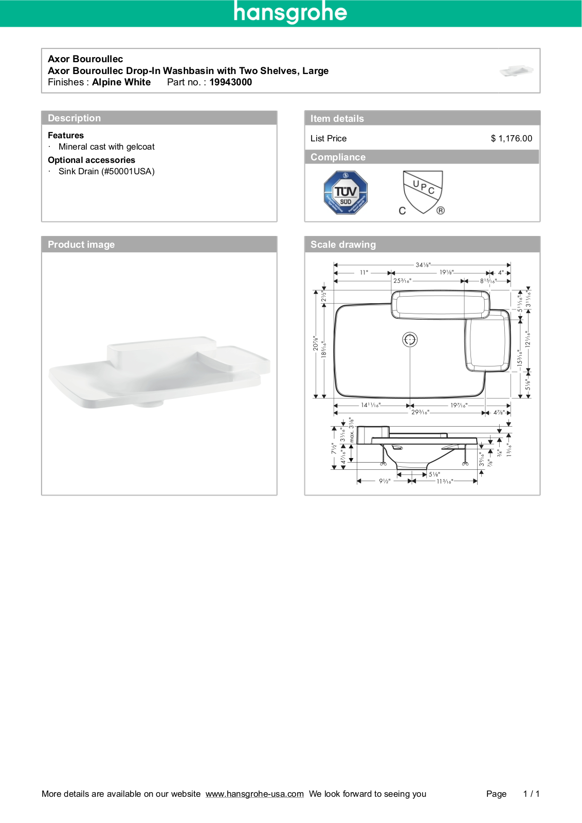 Hansgrohe 19943000 Specs