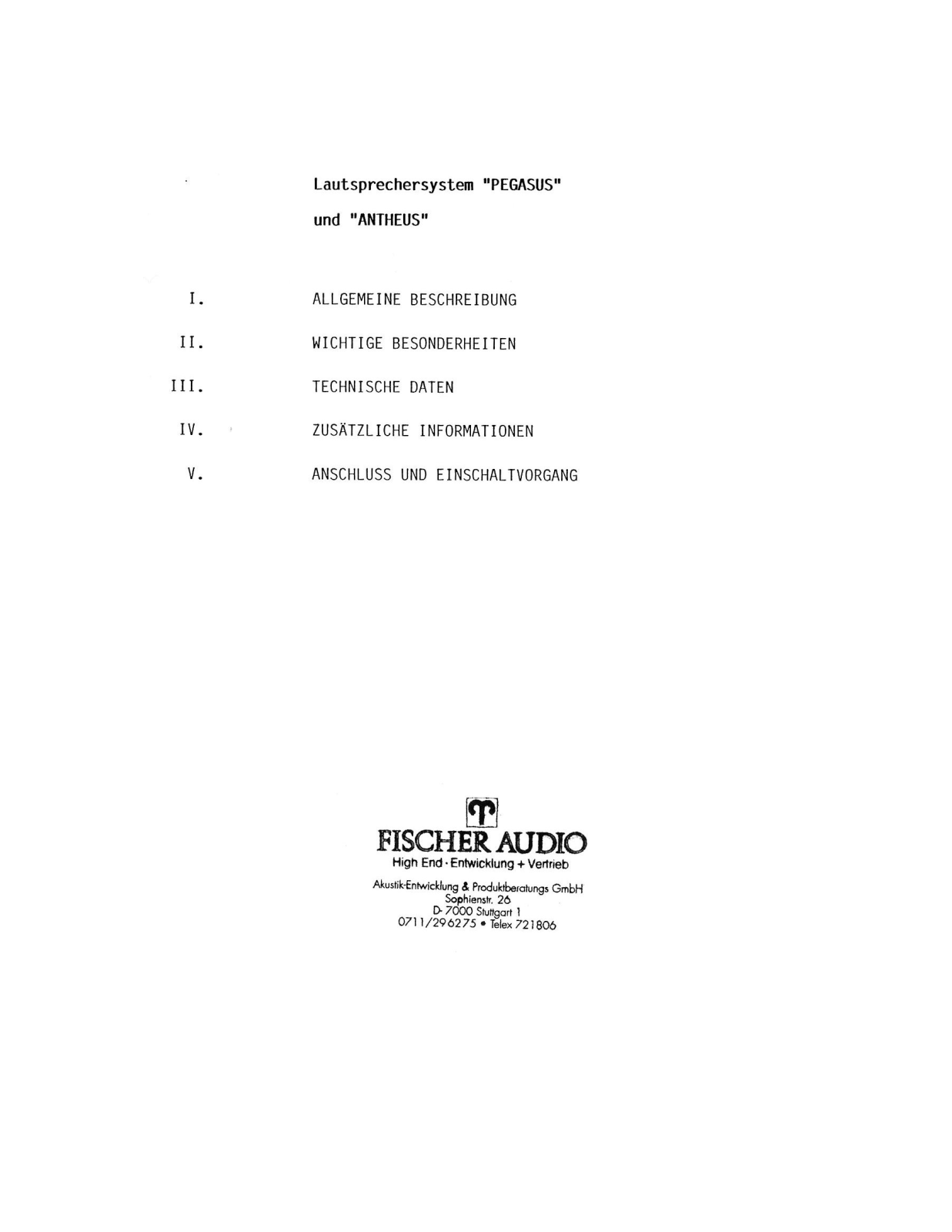 Fischer Audio PEGASUS User guide - ManualMachine.com