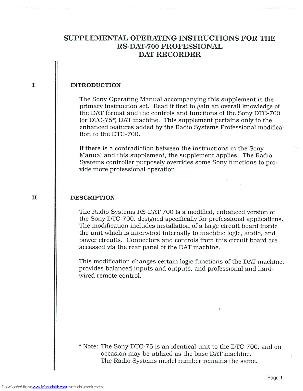 Sony RS-DAT-700 Supplemental Operating Instructions