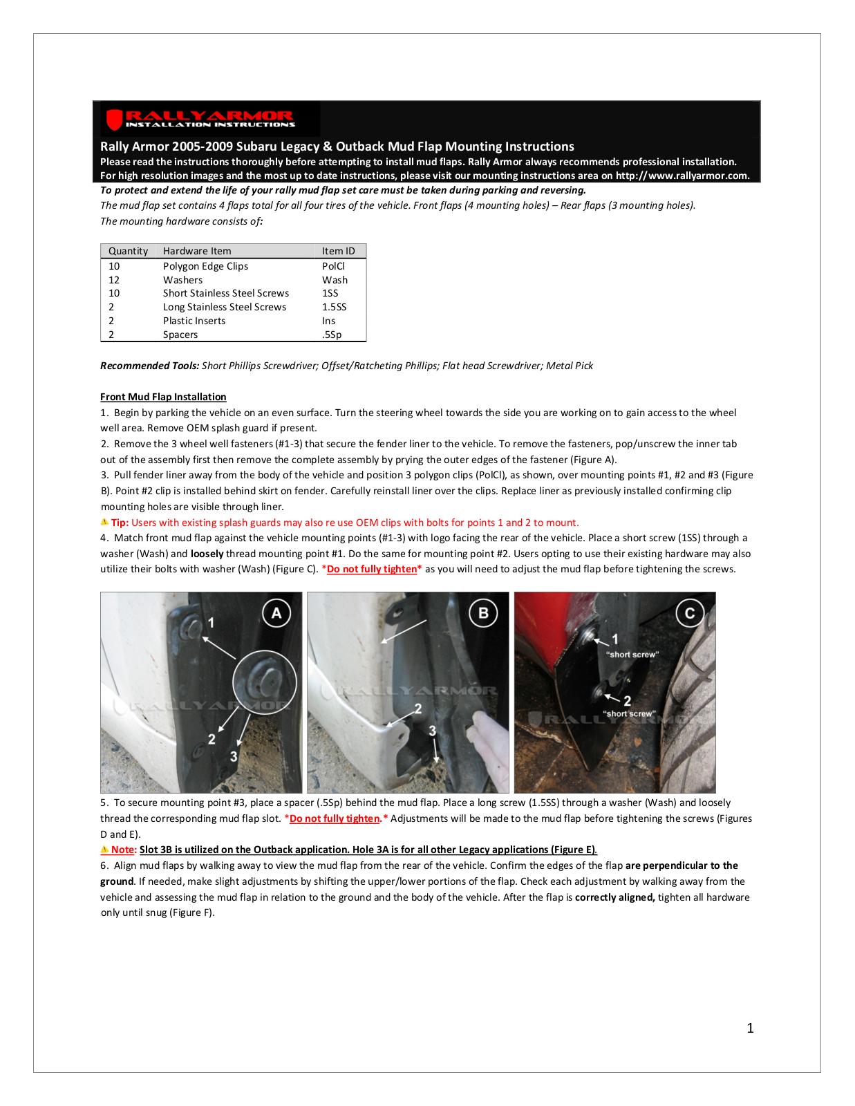 Rally Armor 05-09 Subaru Legacy User Manual