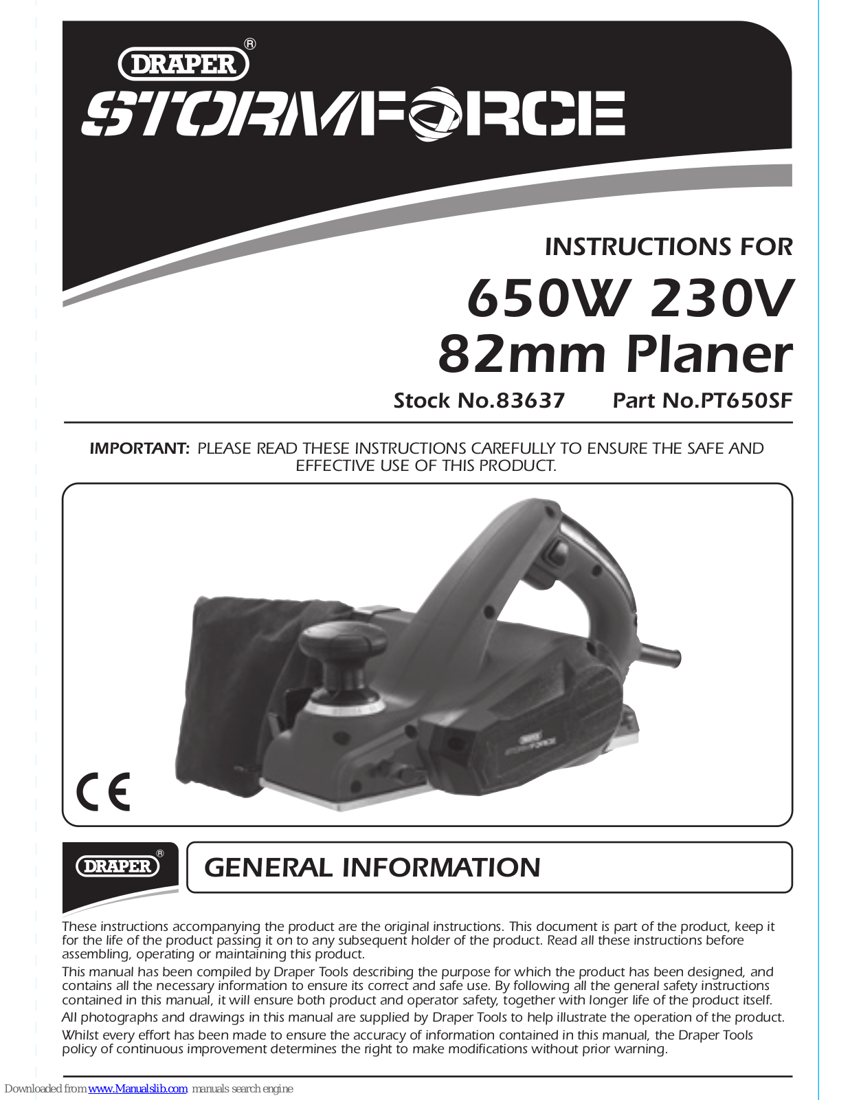 Draper Storm Force PT650SF, 83637, Storm Force PT482SF, 14955 Instructions Manual - ManualMachine.com