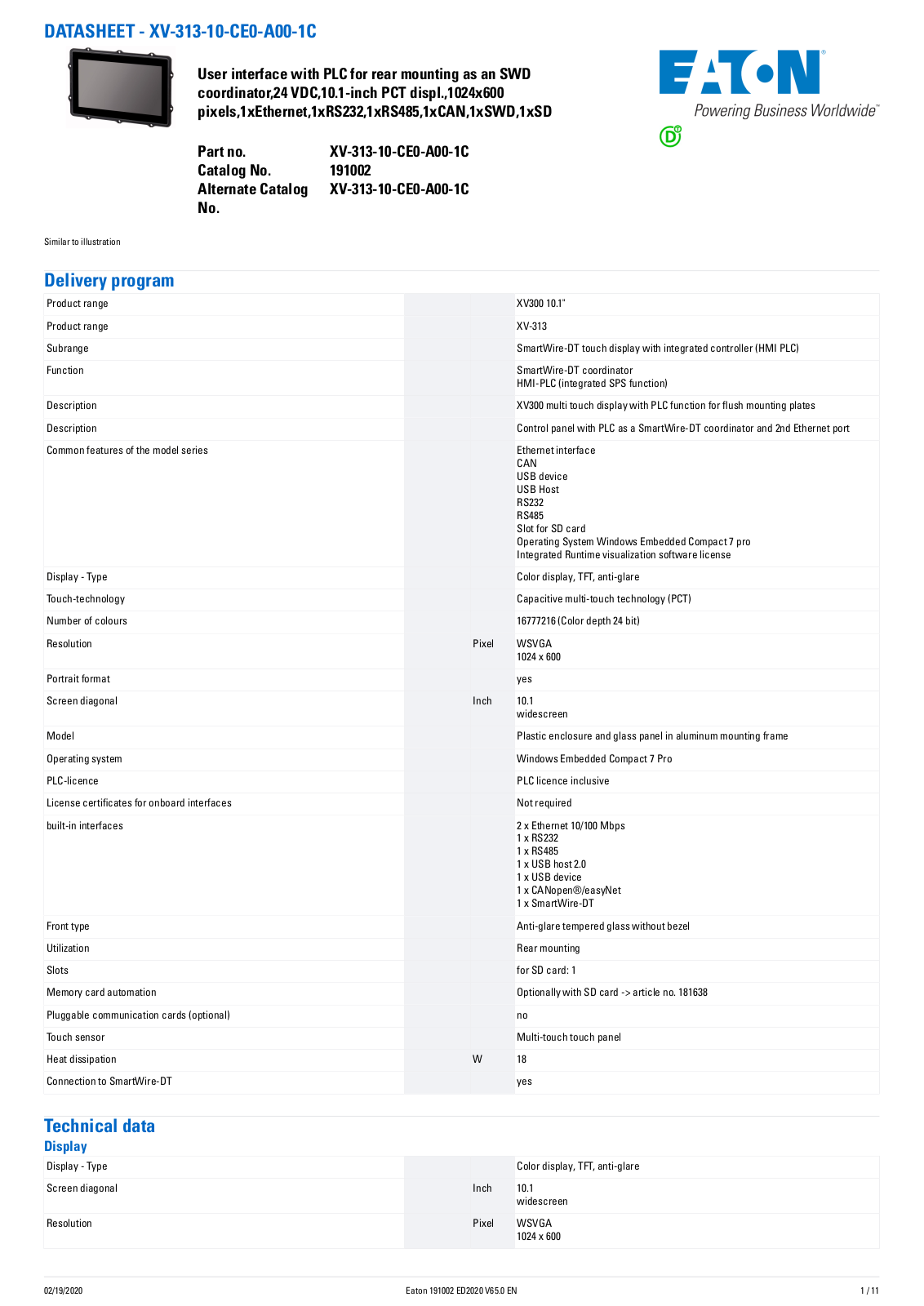 Cutler Hammer, Div of Eaton Corp XV-313-10-CE0-A00-1C Data Sheet