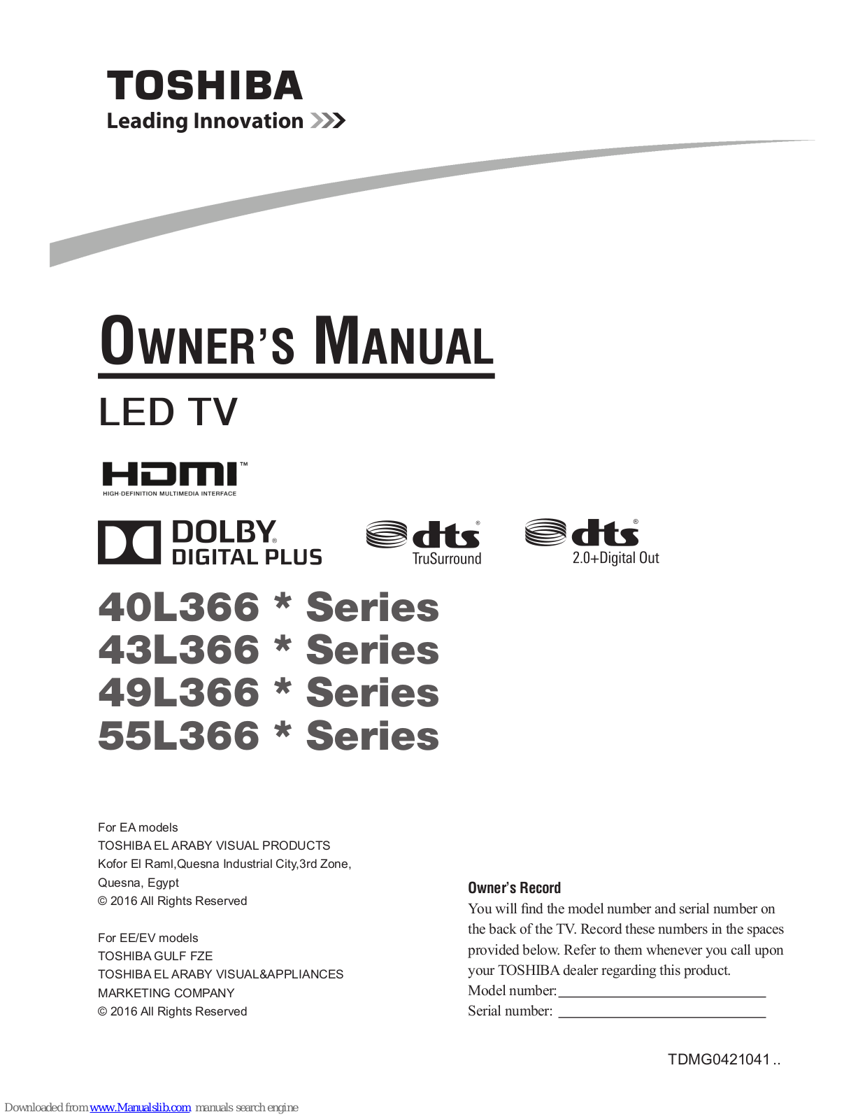 Toshiba 40L366 * Series, 43L366 * Series, 49L366 * Series, 55L366 * Series Owner's Manual