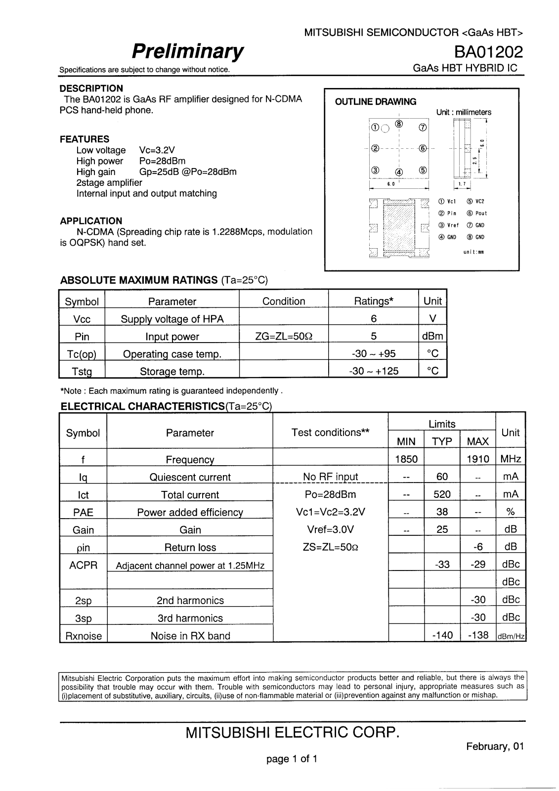 Mitsubishi Electric Corporation Semiconductor Group BA01202 Datasheet