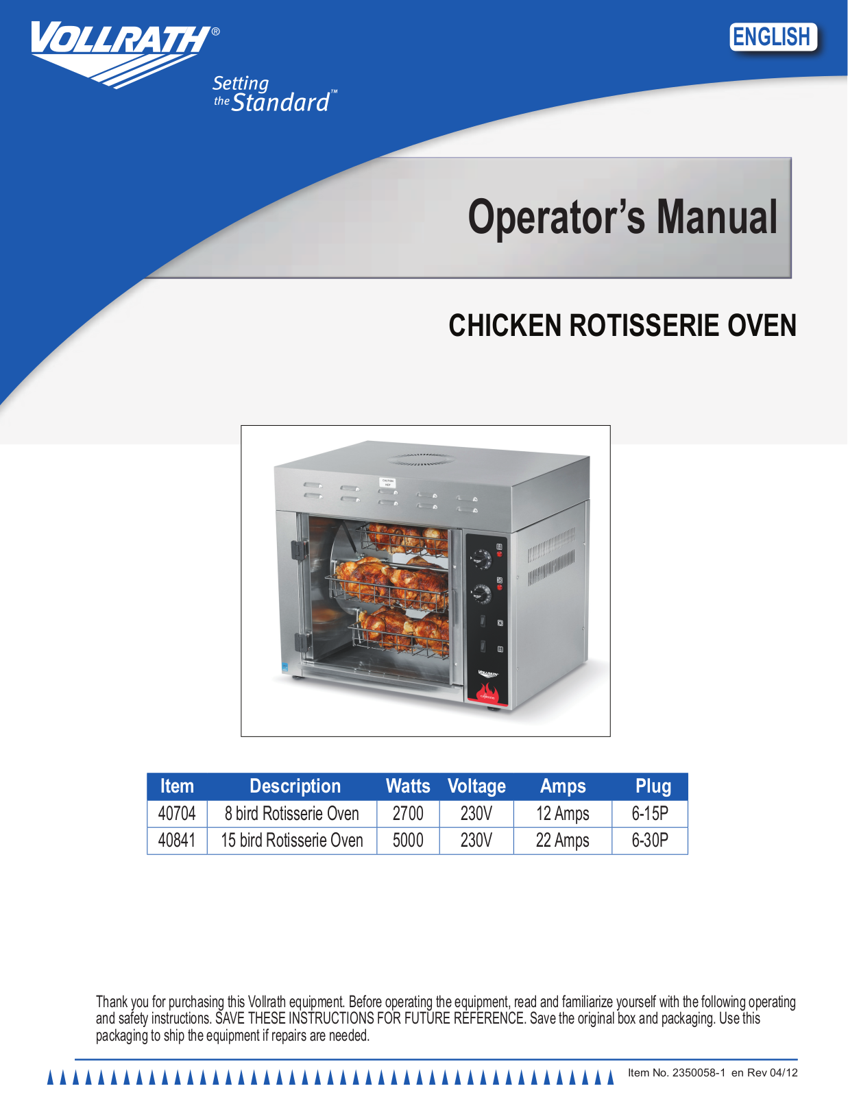 Vollrath 40704 Installation  Manual