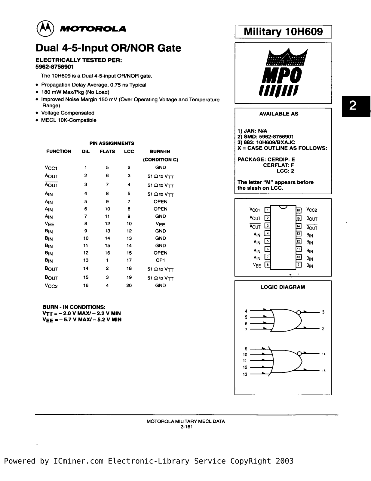 MOTOROLA 10H609 Technical data